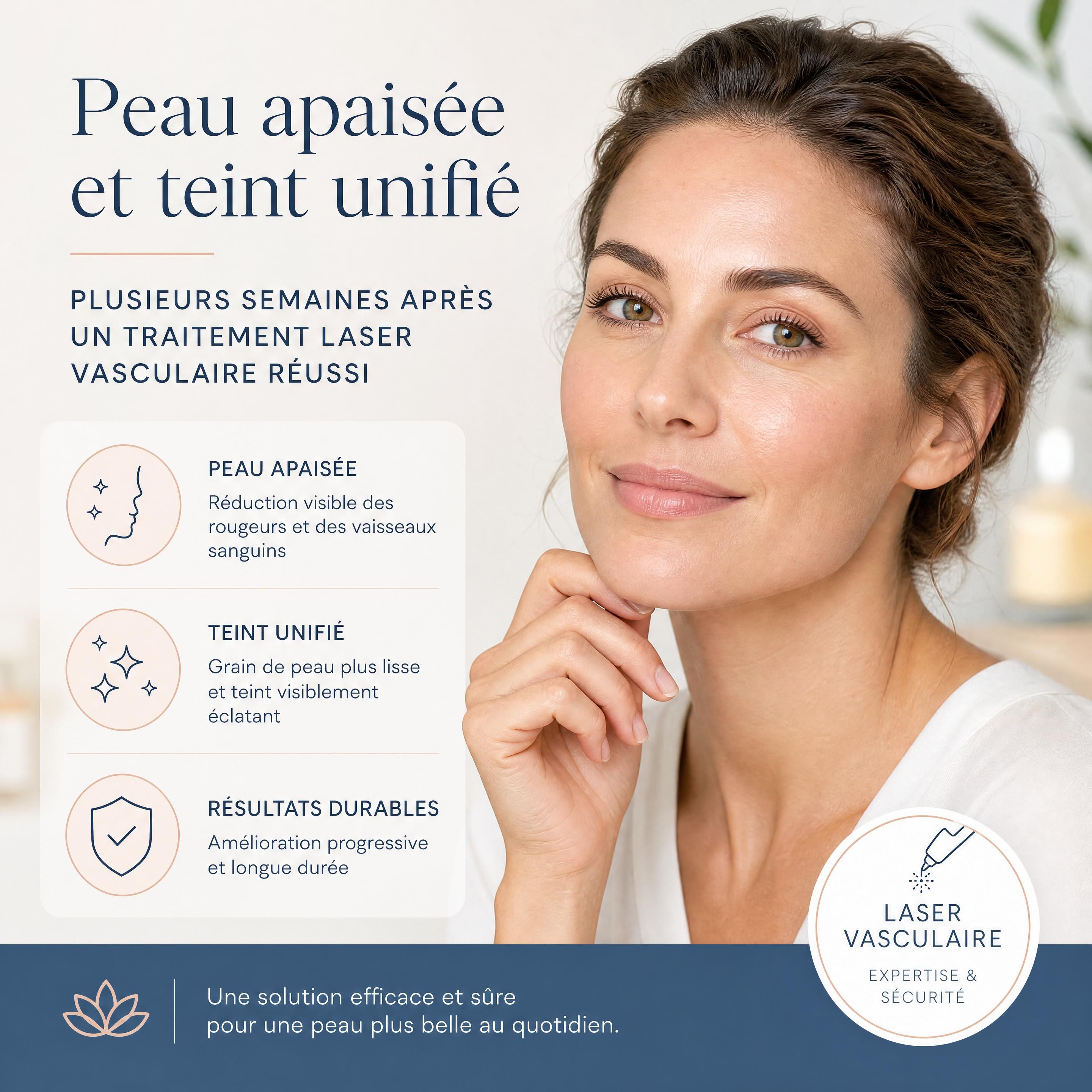 Peau apaisée et teint unifié plusieurs semaines après un traitement laser vasculaire réussi