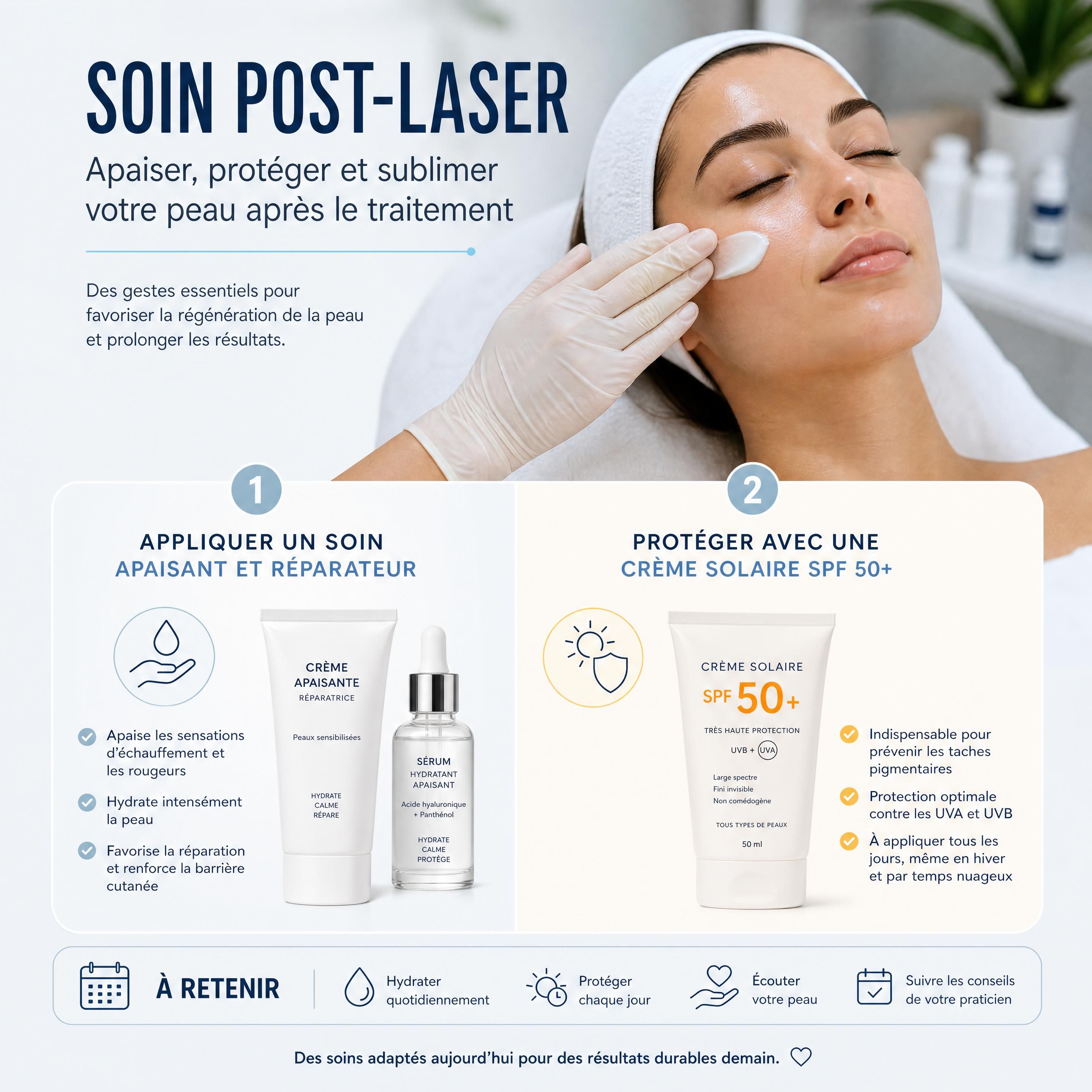 Application de soins post-laser apaisants et d'une protection solaire SPF 50+ après le traitement