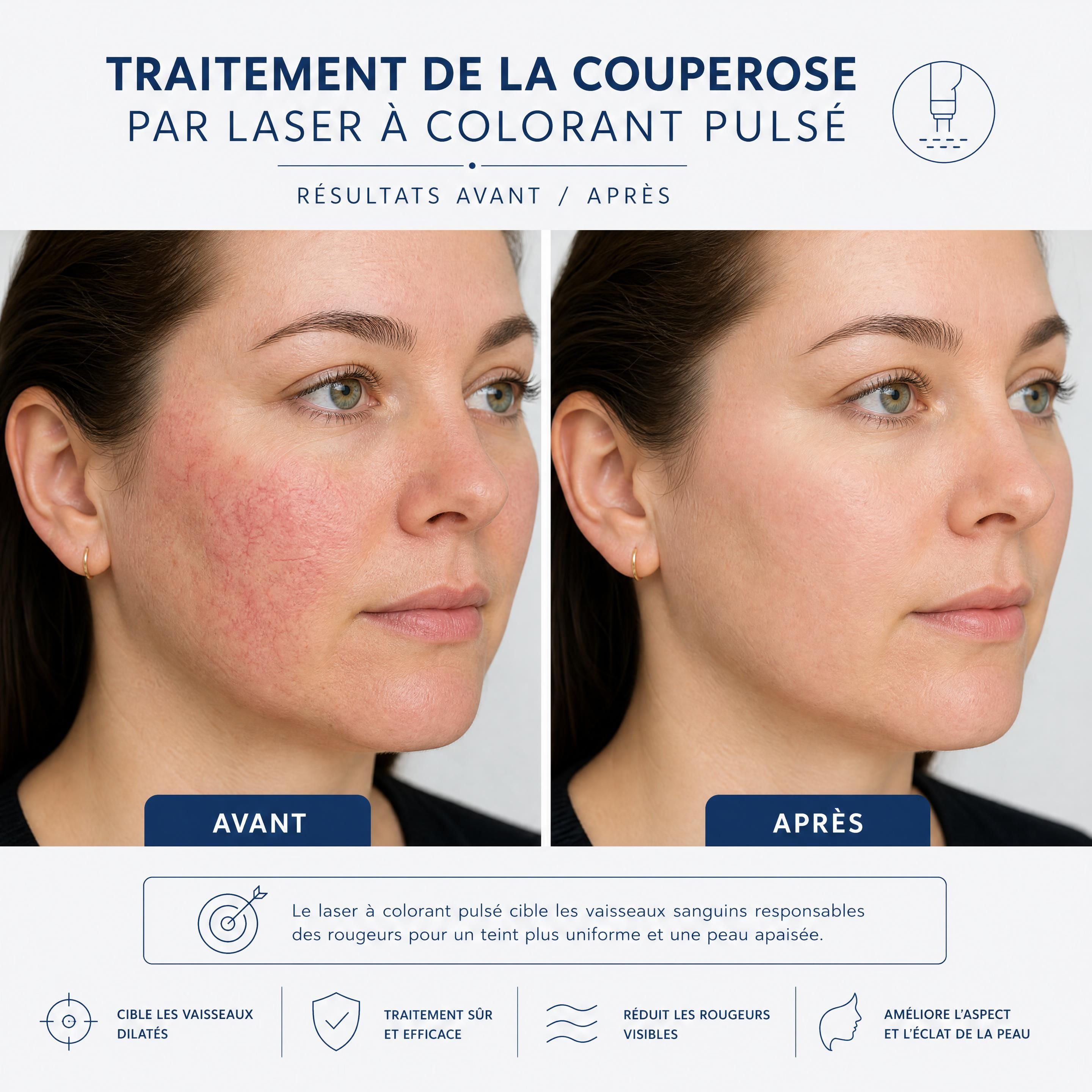 Avant-après d'un traitement de la couperose par laser à colorant pulsé montrant la disparition des rougeurs sur les joues