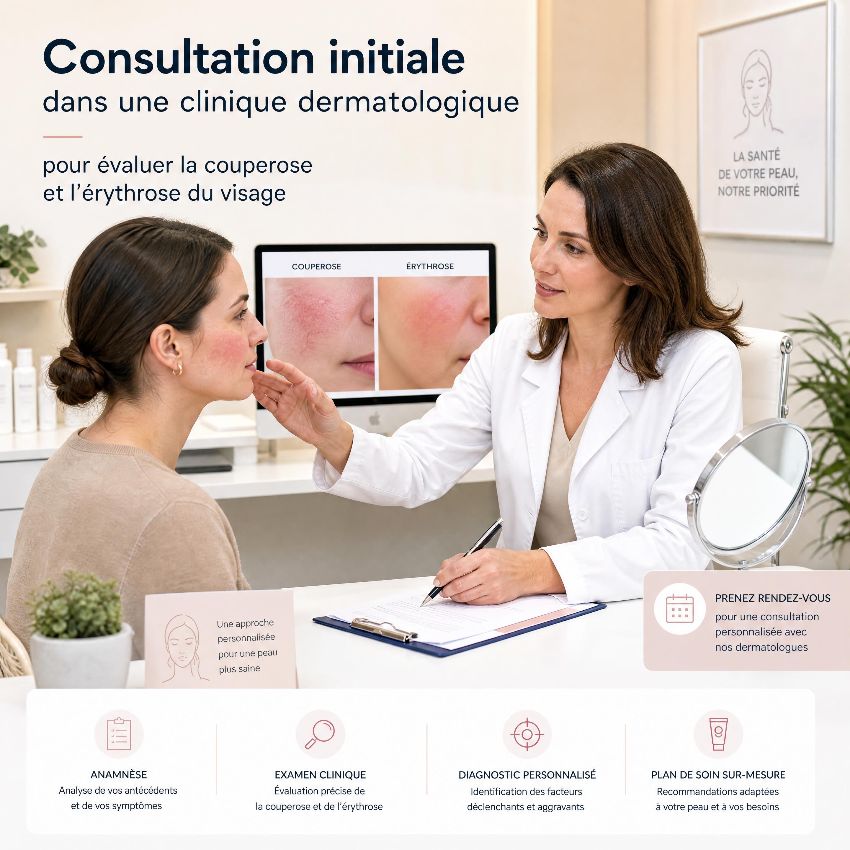 Consultation initiale dans une clinique dermatologique pour évaluer la couperose et l'érythrose du visage