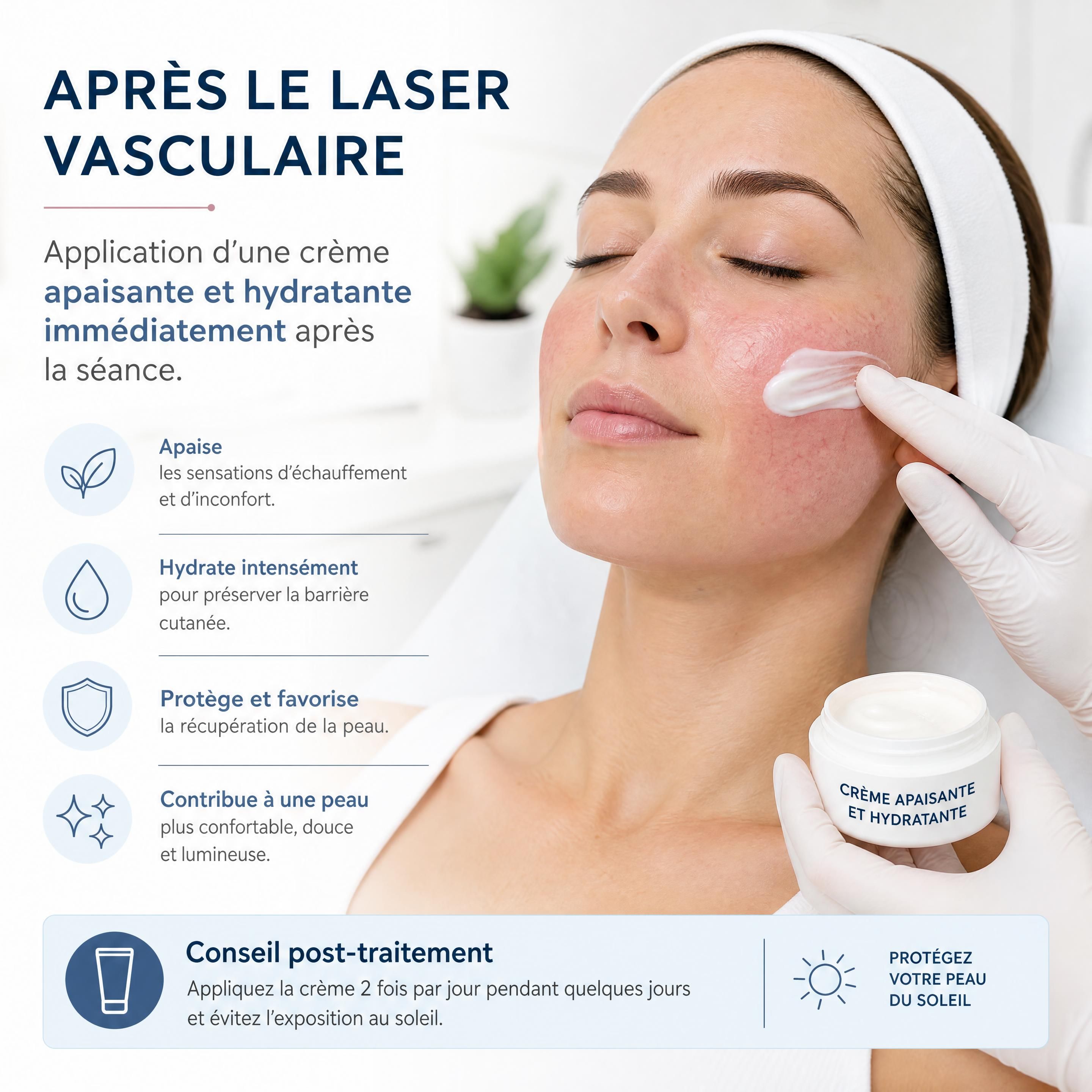 Application d'une crème apaisante et hydratante immédiatement après une séance de laser vasculaire