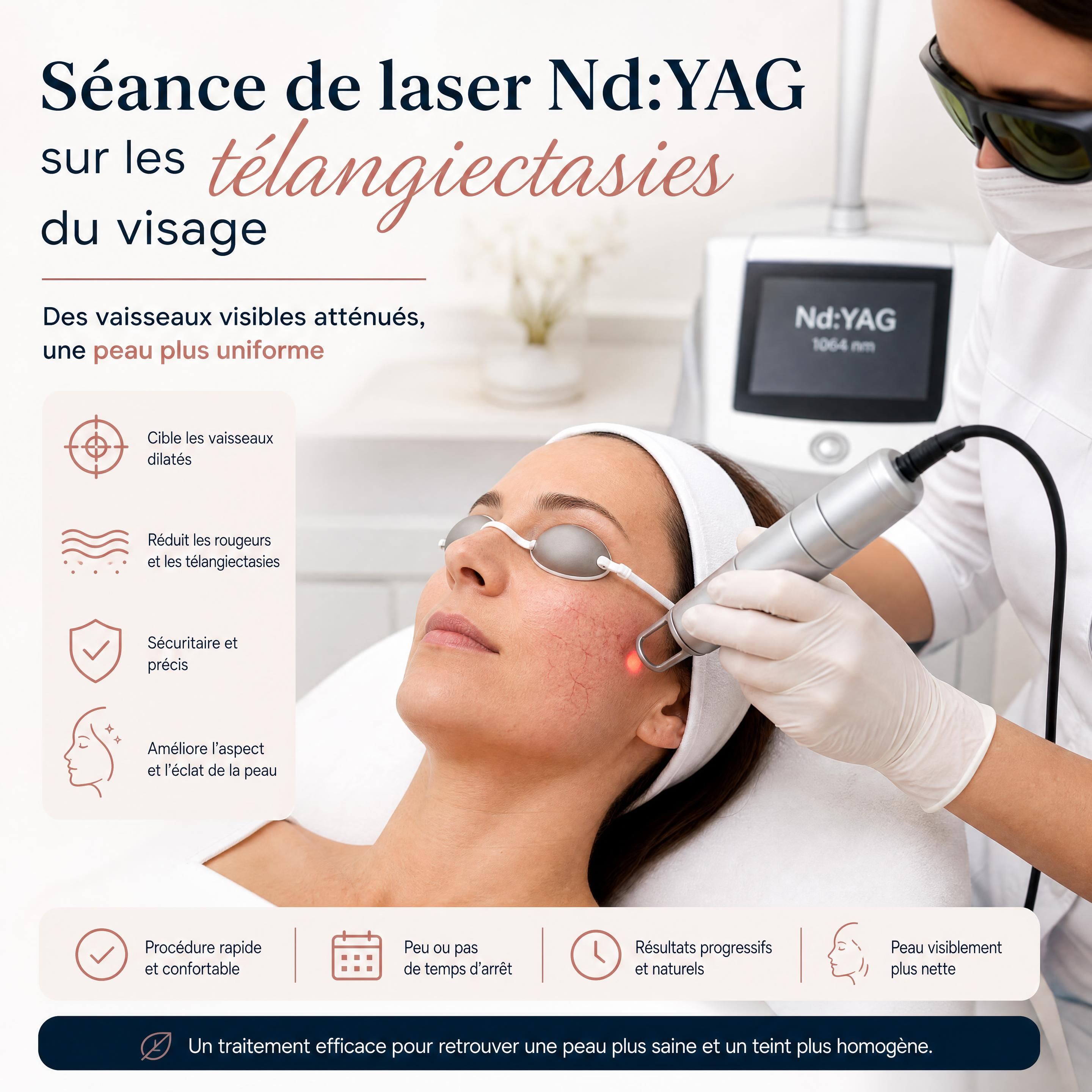 Séance de laser Nd:YAG sur les télangiectasies du visage en clinique dermatologique