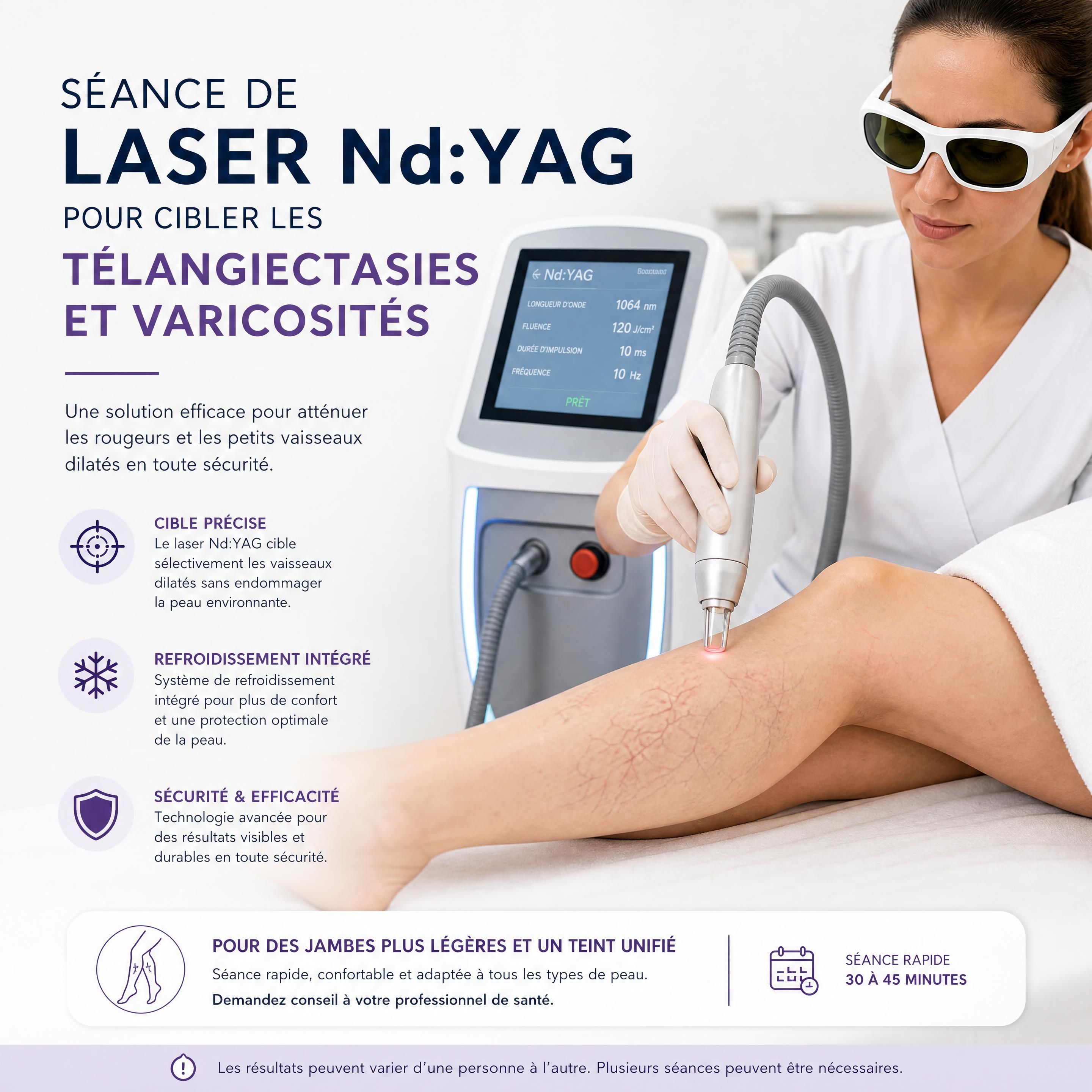 Séance de laser Nd:YAG pour cibler les télangiectasies et varicosités avec système de refroidissement intégré
