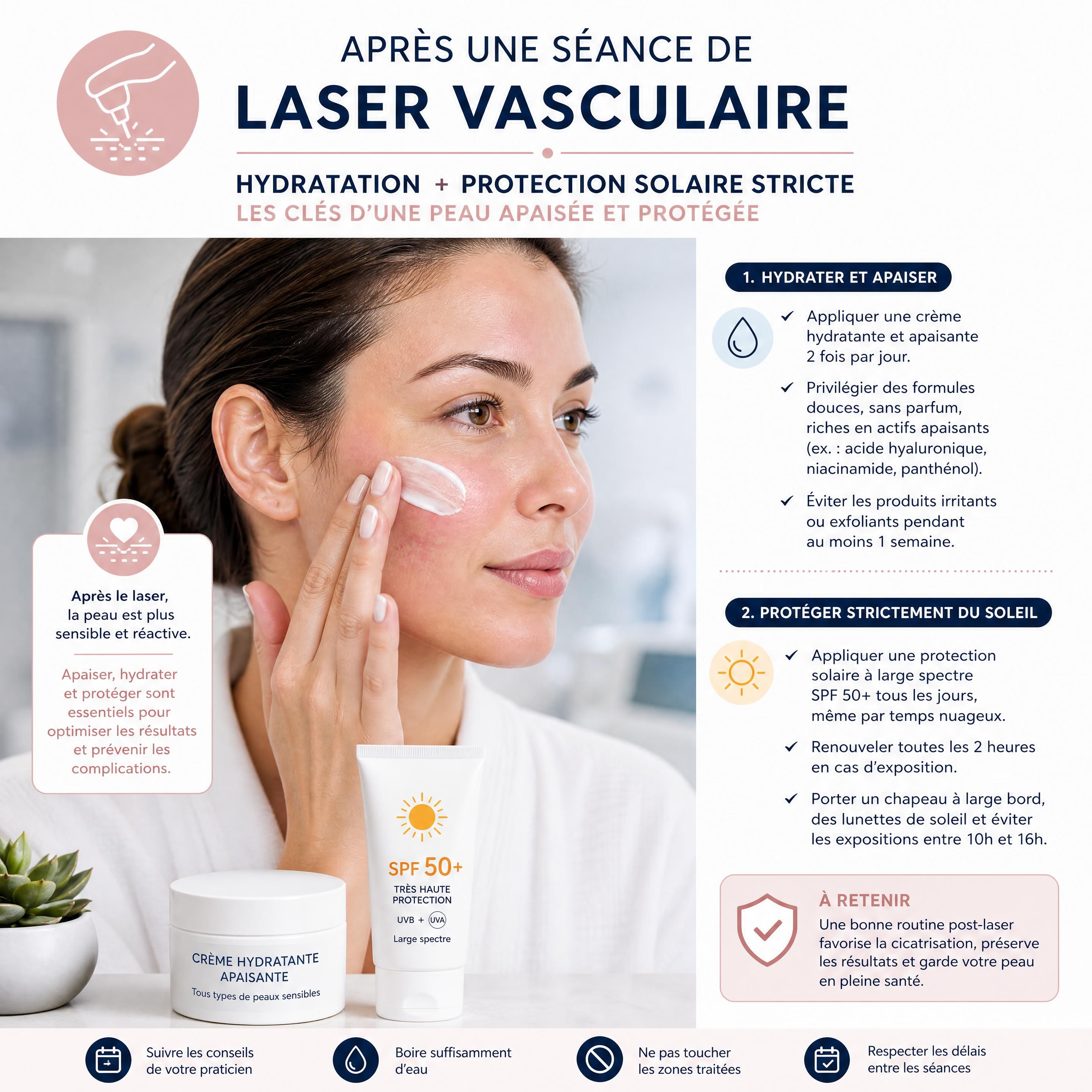 Application d'une crème hydratante et d'une protection solaire stricte après une séance de laser vasculaire