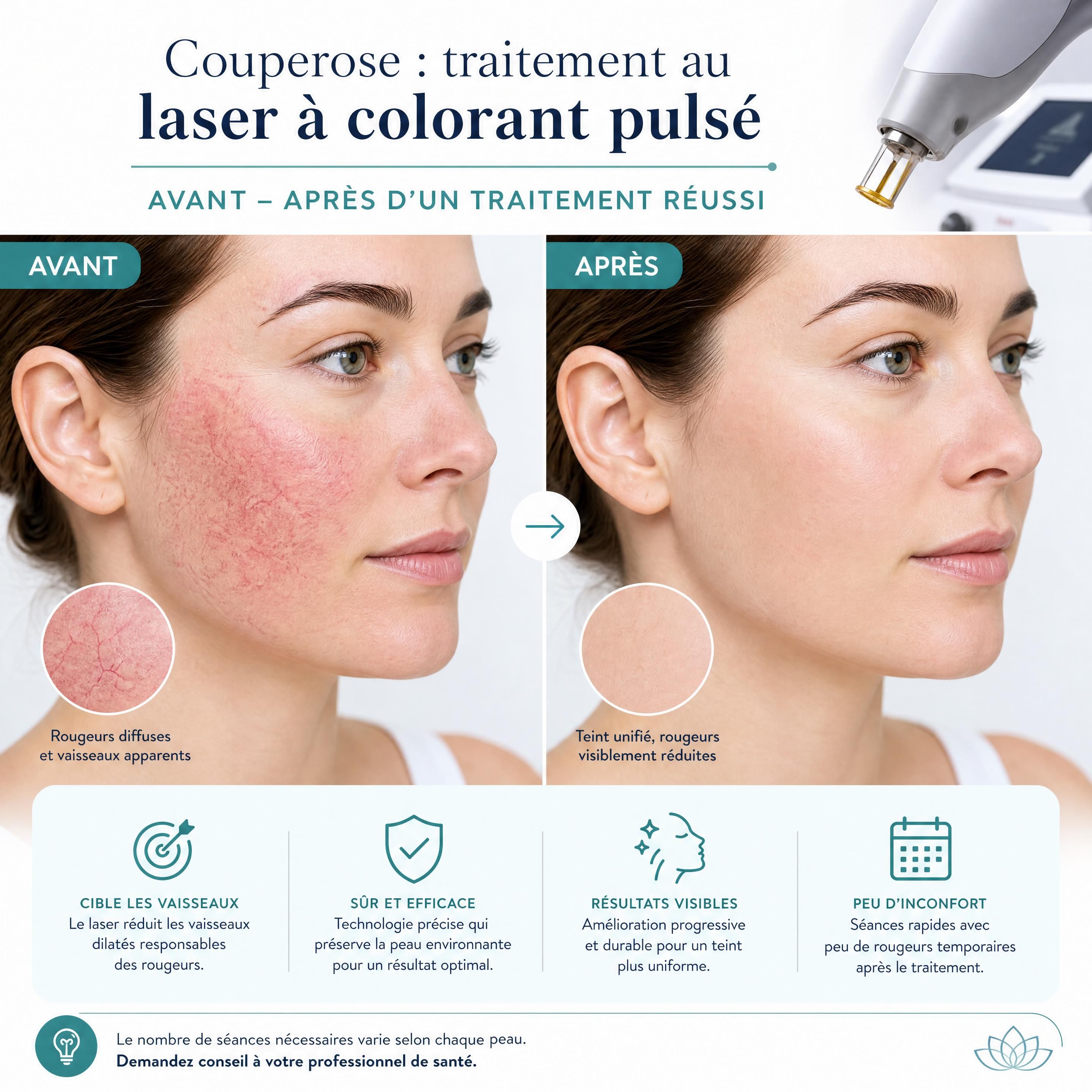 Avant-après d'un traitement réussi de la couperose par laser à colorant pulsé