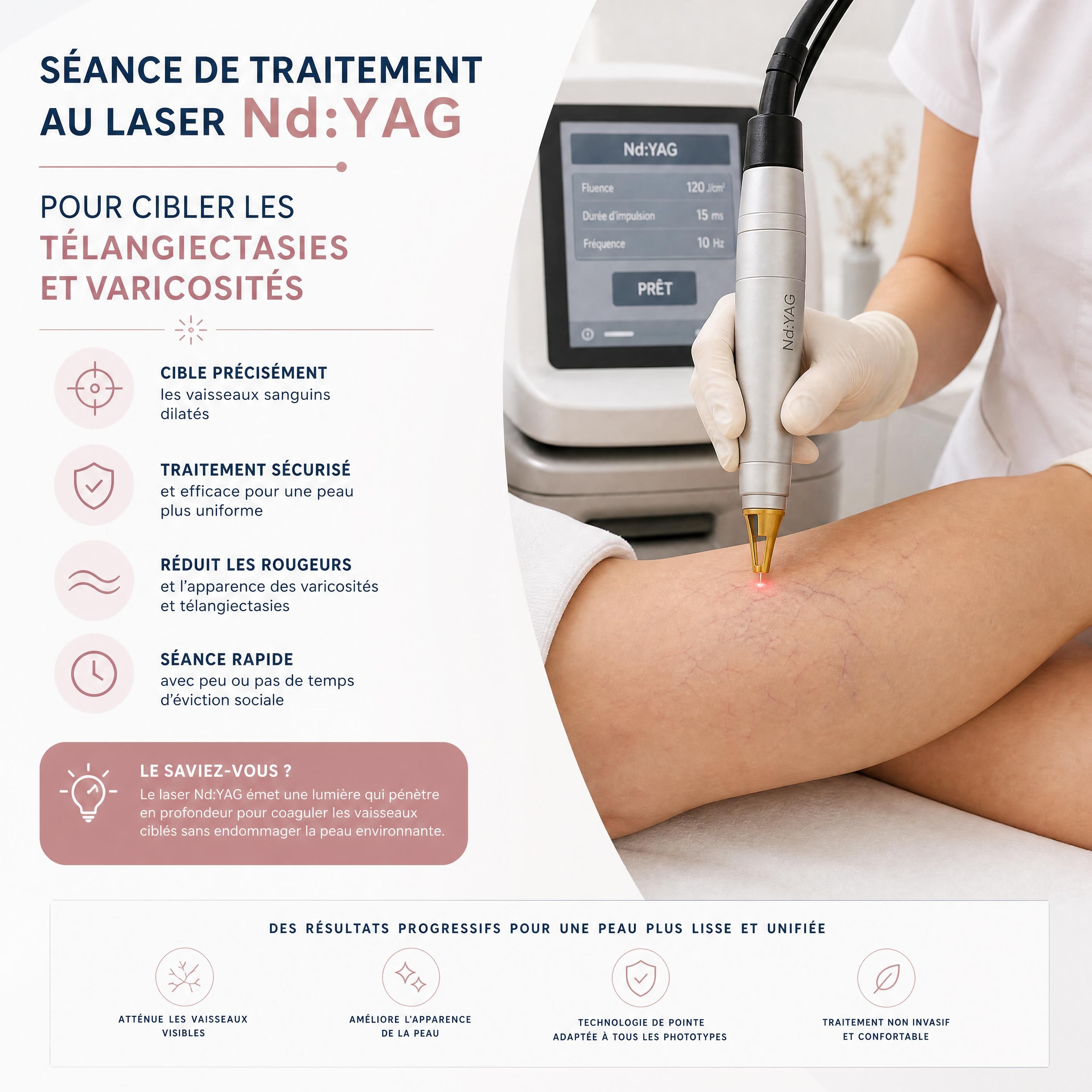 Séance de traitement au laser Nd:YAG pour cibler les télangiectasies et varicosités