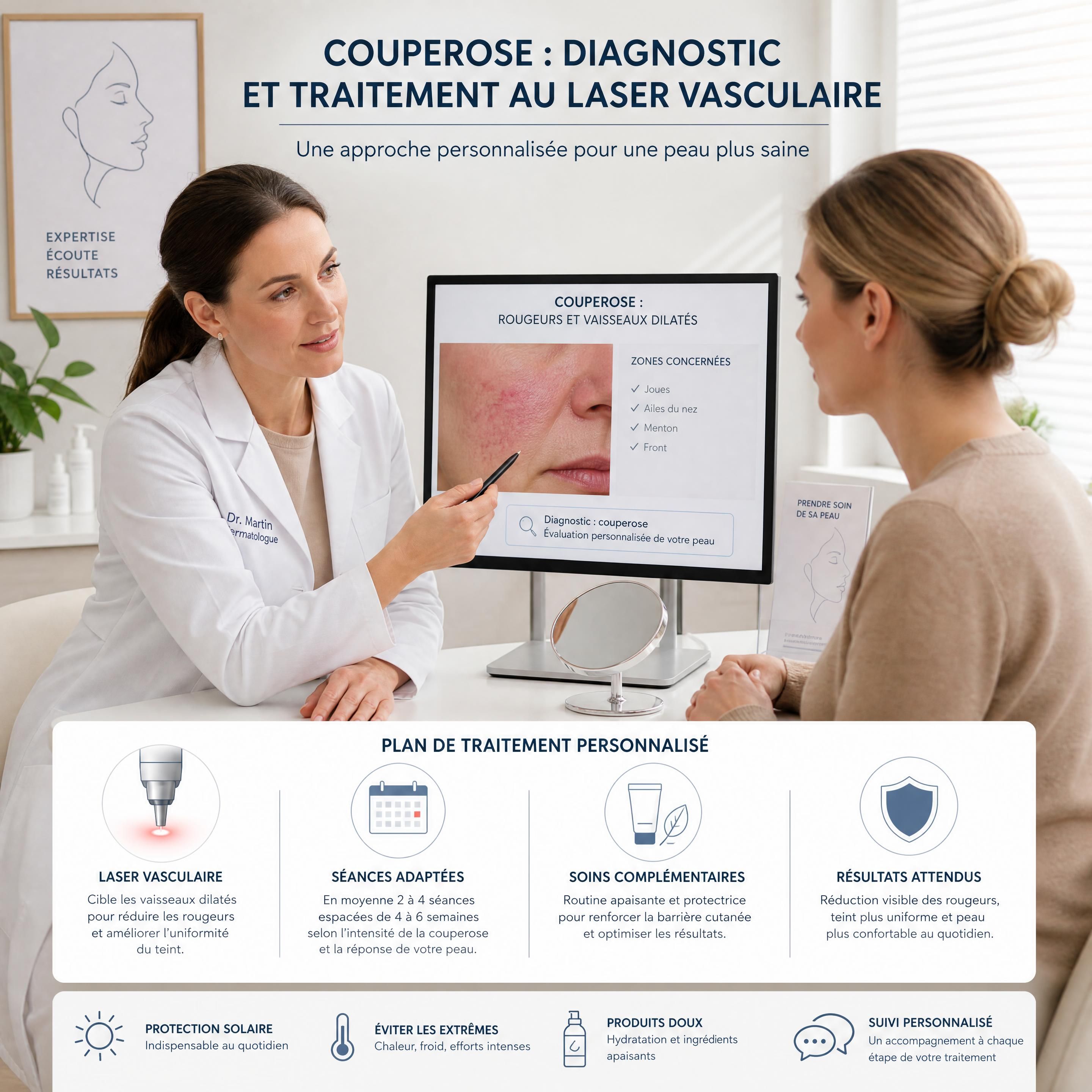 Consultation en clinique dermatologique pour un diagnostic de couperose et planification d'un traitement au laser vasculaire