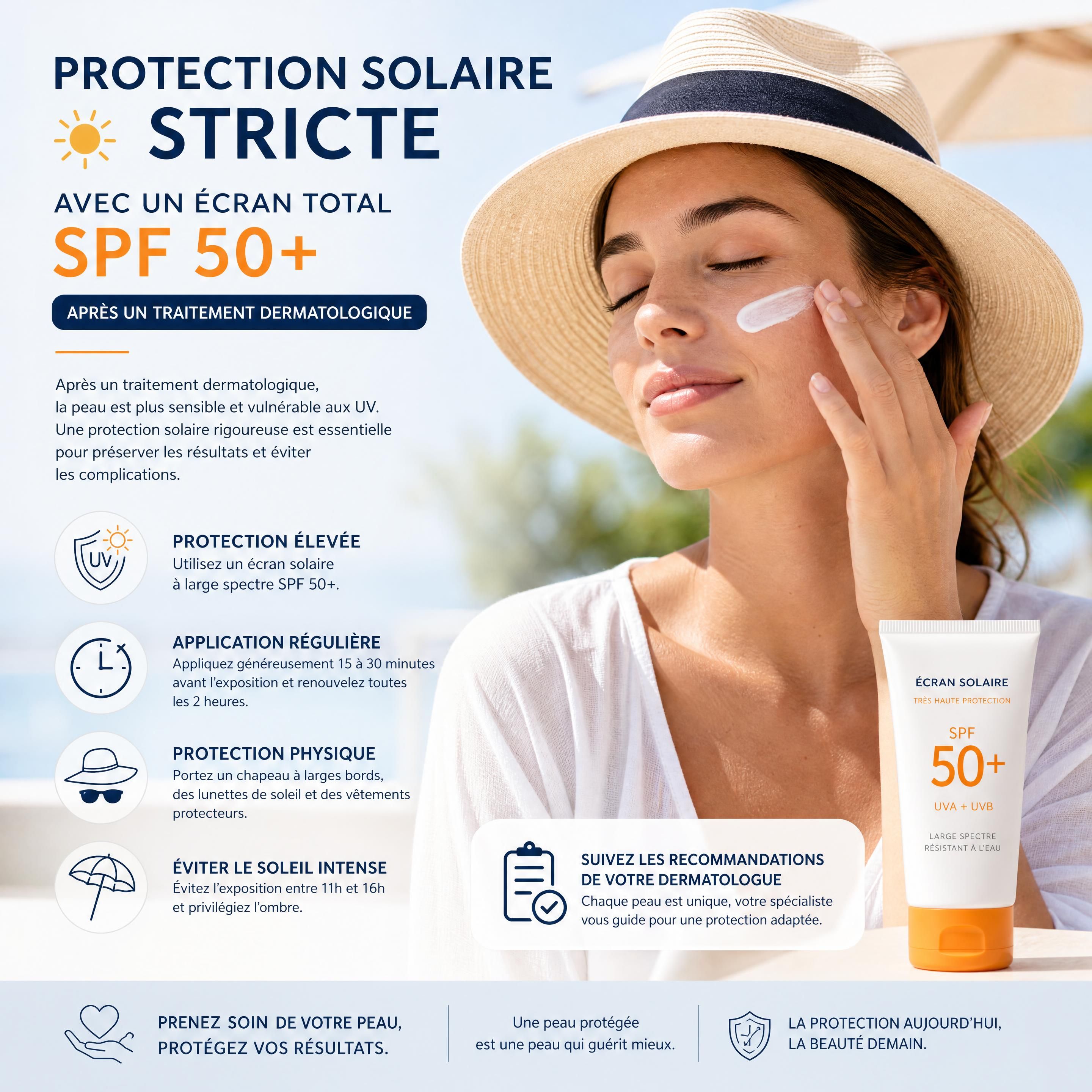 Protection solaire stricte avec un écran total SPF 50+ après un traitement dermatologique