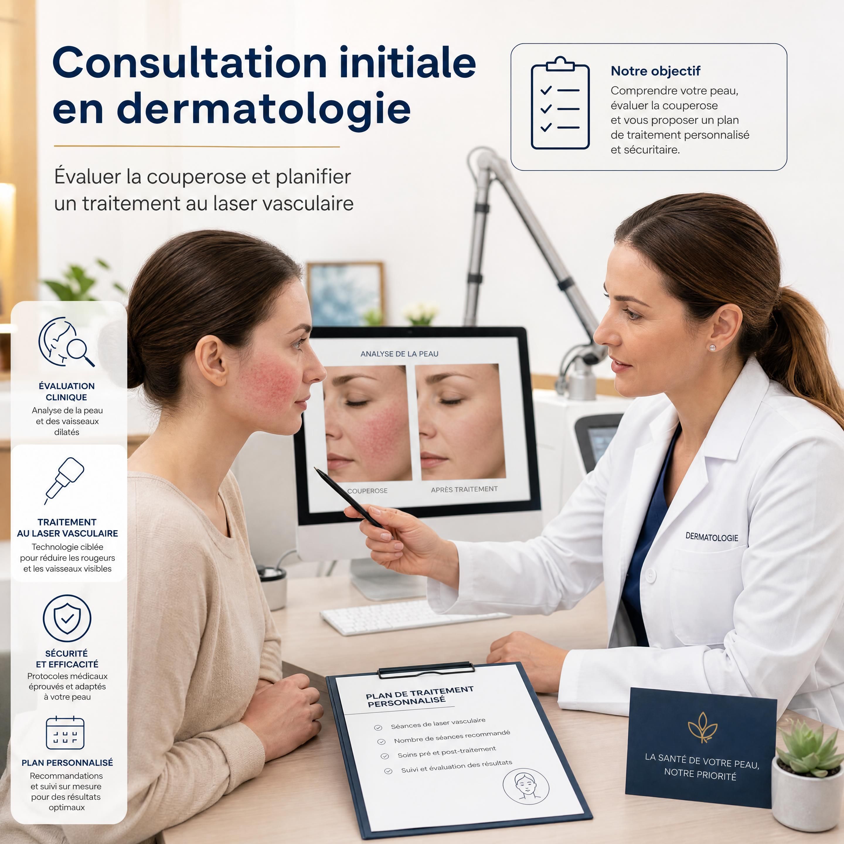 Consultation initiale dans une clinique dermatologique pour évaluer la couperose et planifier un traitement au laser vasculaire