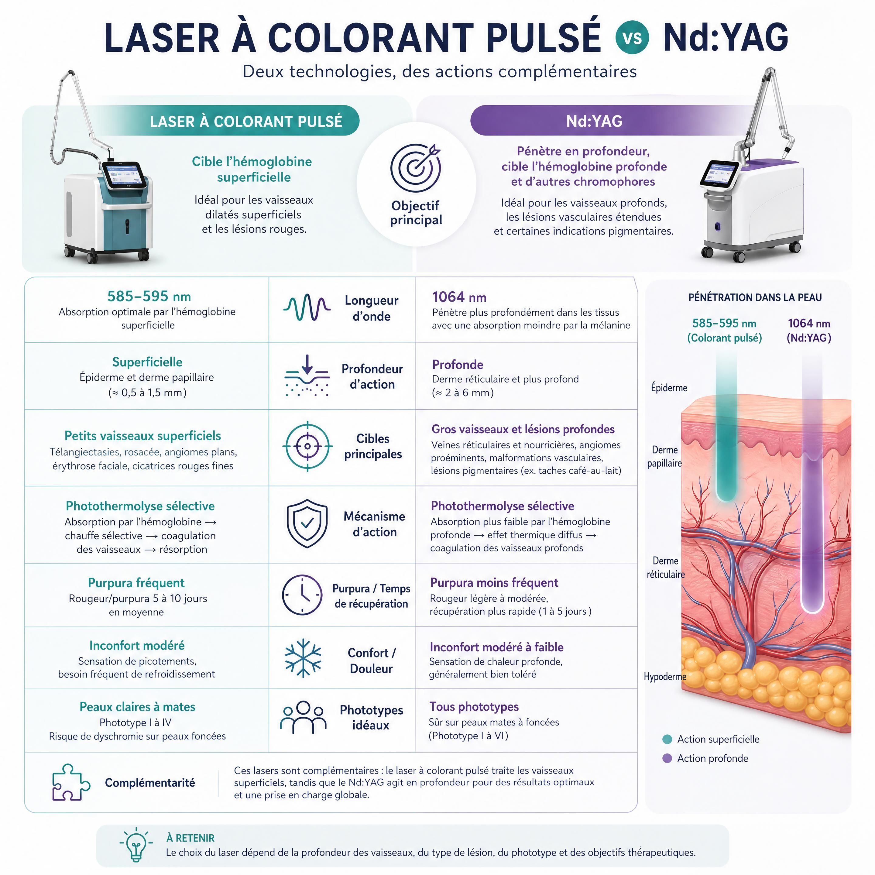 Infographie comparative résumant les différences d'action entre le laser à colorant pulsé et le Nd:YAG