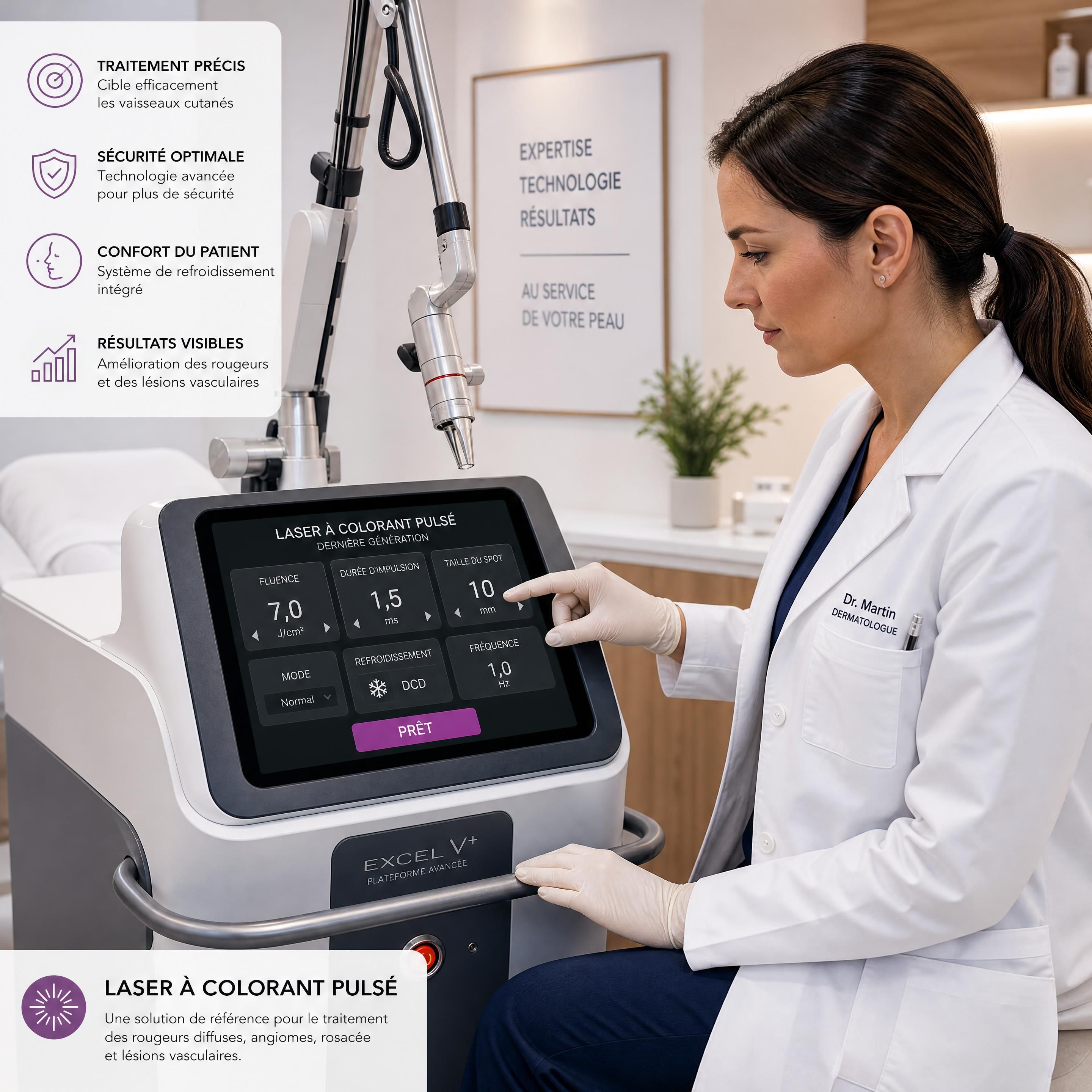 Médecin dermatologue réglant les paramètres d'un laser à colorant pulsé de dernière génération