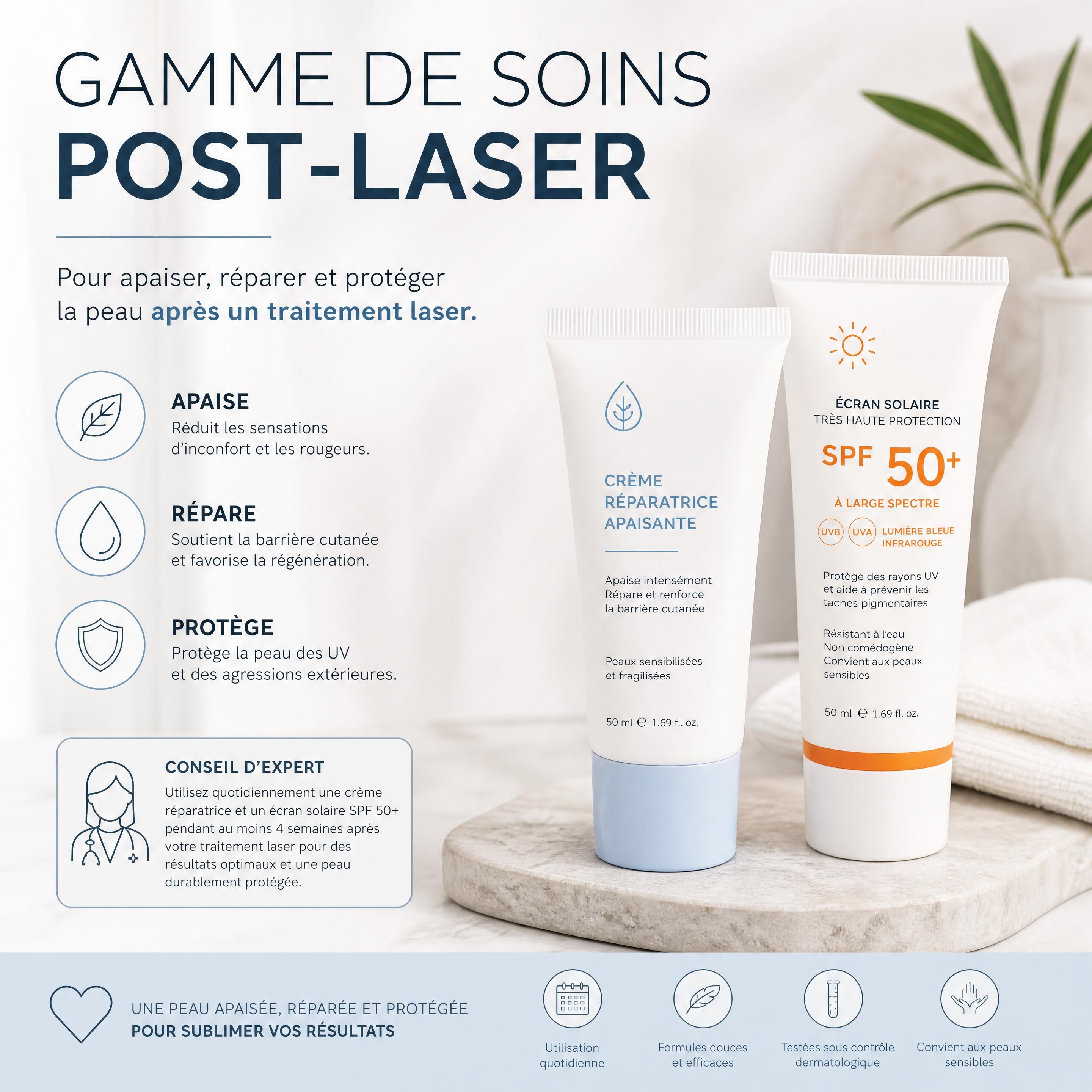 Gamme de soins post-laser incluant une crème réparatrice apaisante et un écran solaire SPF 50+ à large spectre