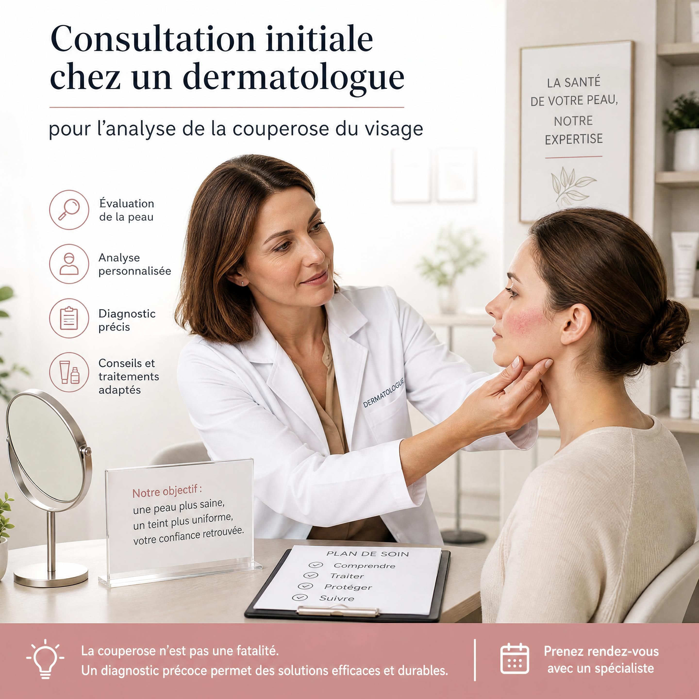 Consultation initiale chez un dermatologue pour l'analyse de la couperose du visage