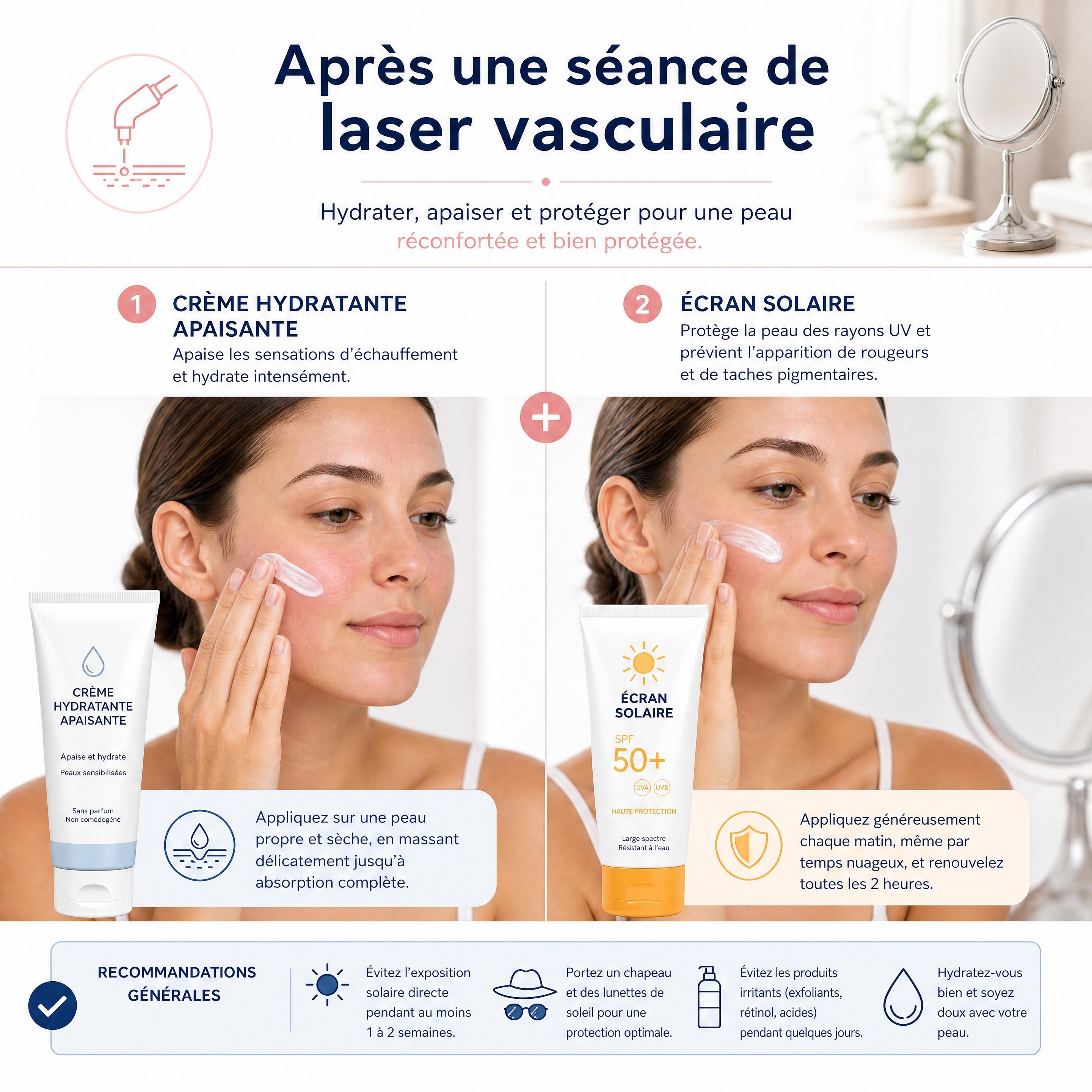 Application d'une crème hydratante apaisante et d'un écran solaire après une séance de laser vasculaire