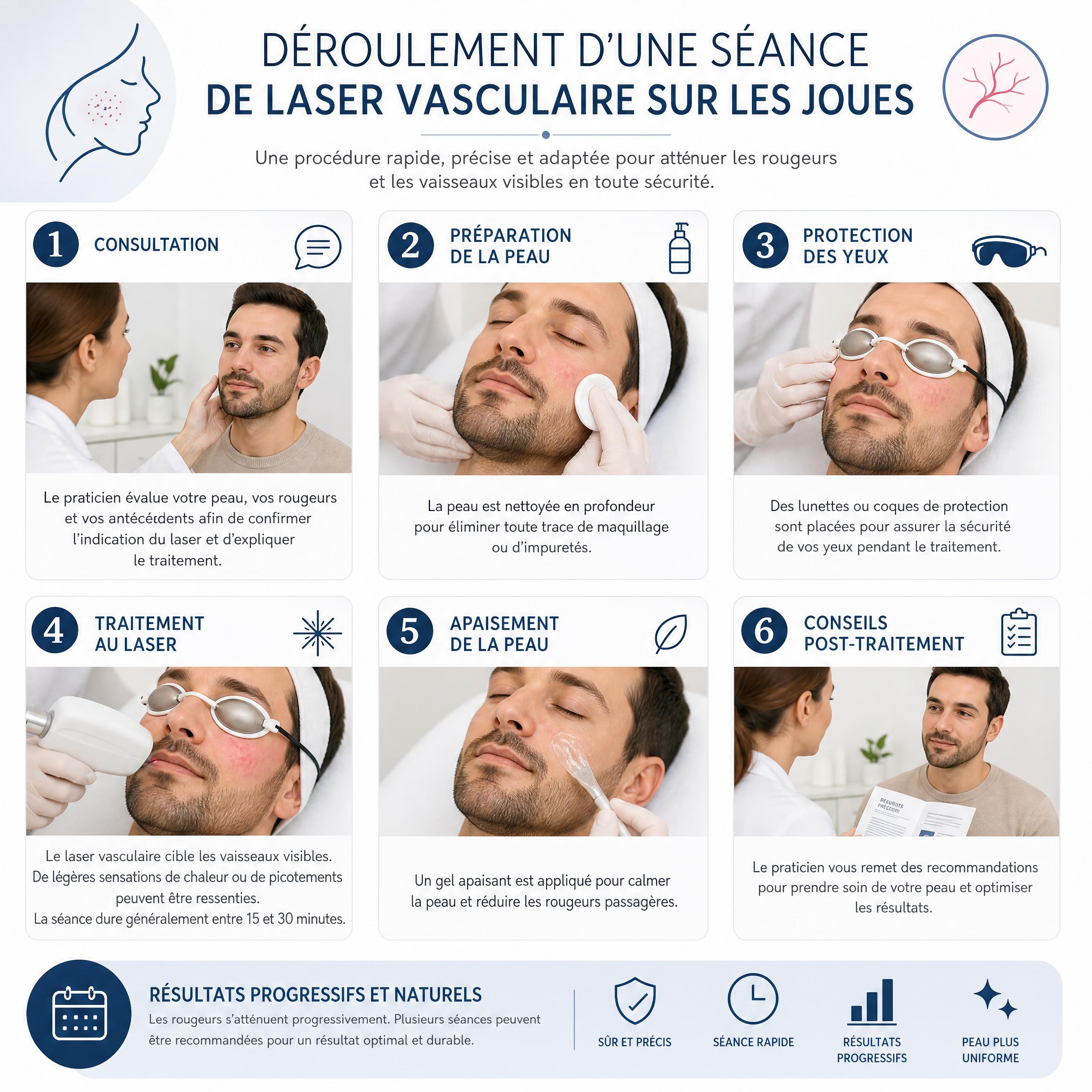 Déroulement d'une séance de laser vasculaire sur les joues d'un patient