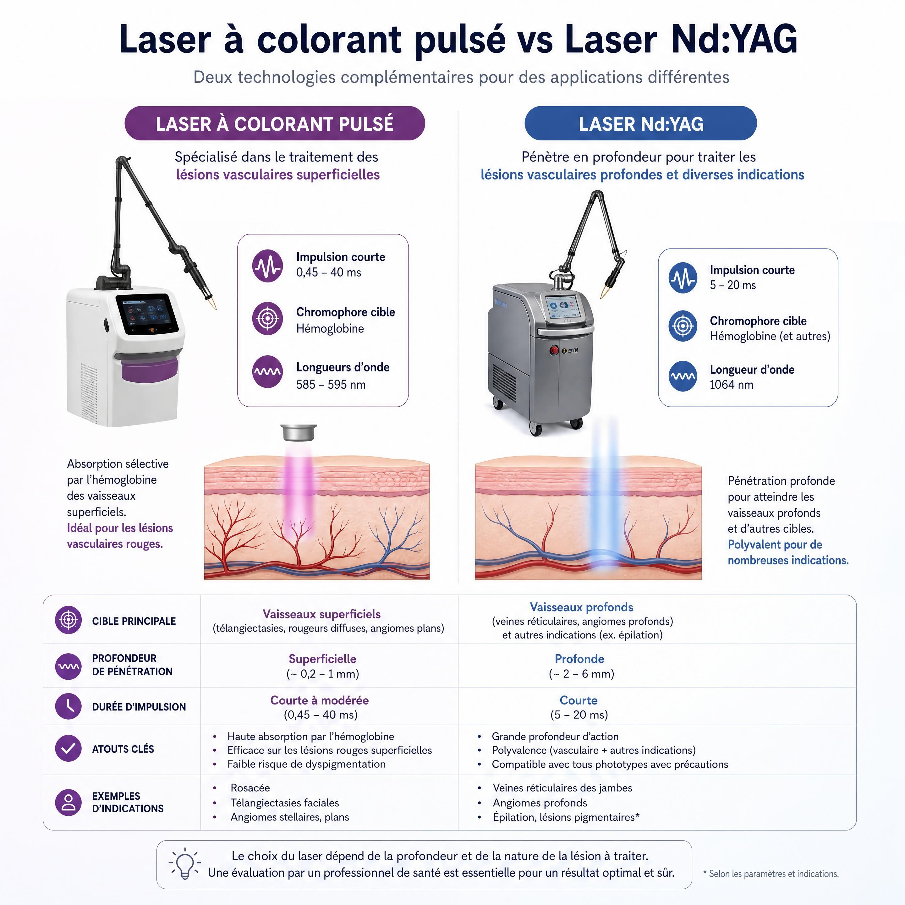 Comparaison visuelle entre un laser à colorant pulsé et un laser Nd:YAG