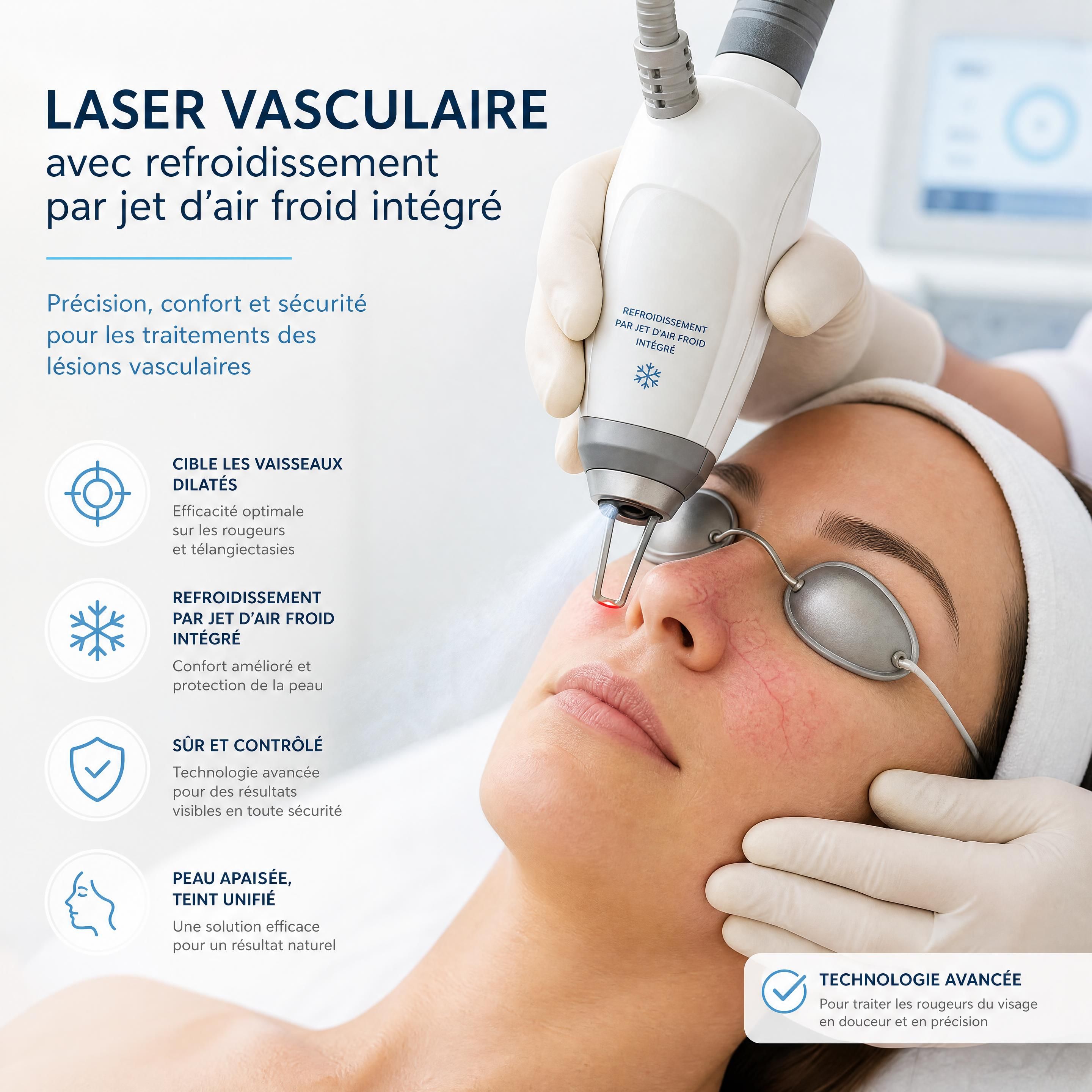 Patient recevant un traitement de laser vasculaire sur les ailes du nez avec un système de refroidissement par jet d'air froid intégré