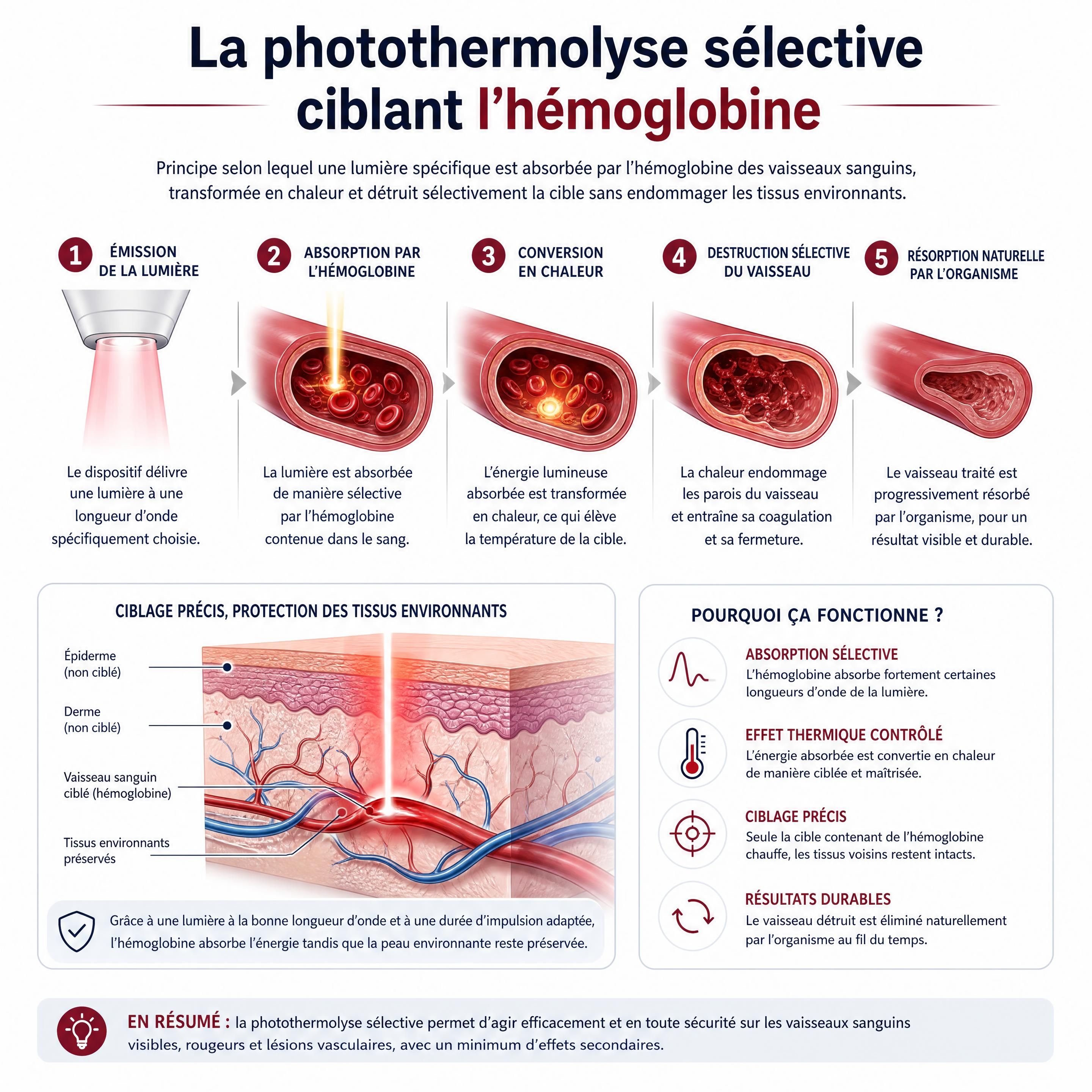 Schéma explicatif de la photothermolyse sélective ciblant l'hémoglobine