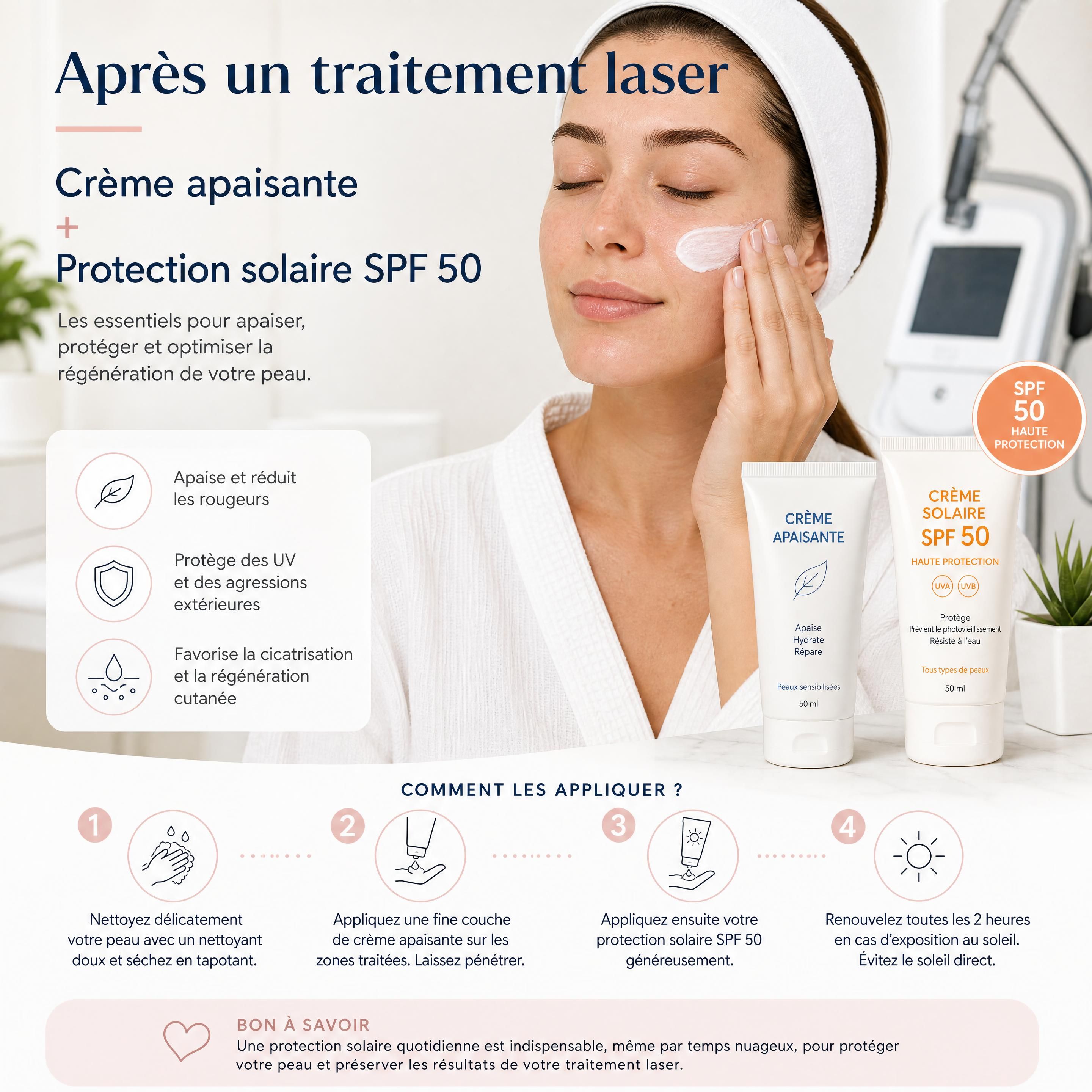 Application d'une crème apaisante et d'une protection solaire SPF 50 après un traitement laser