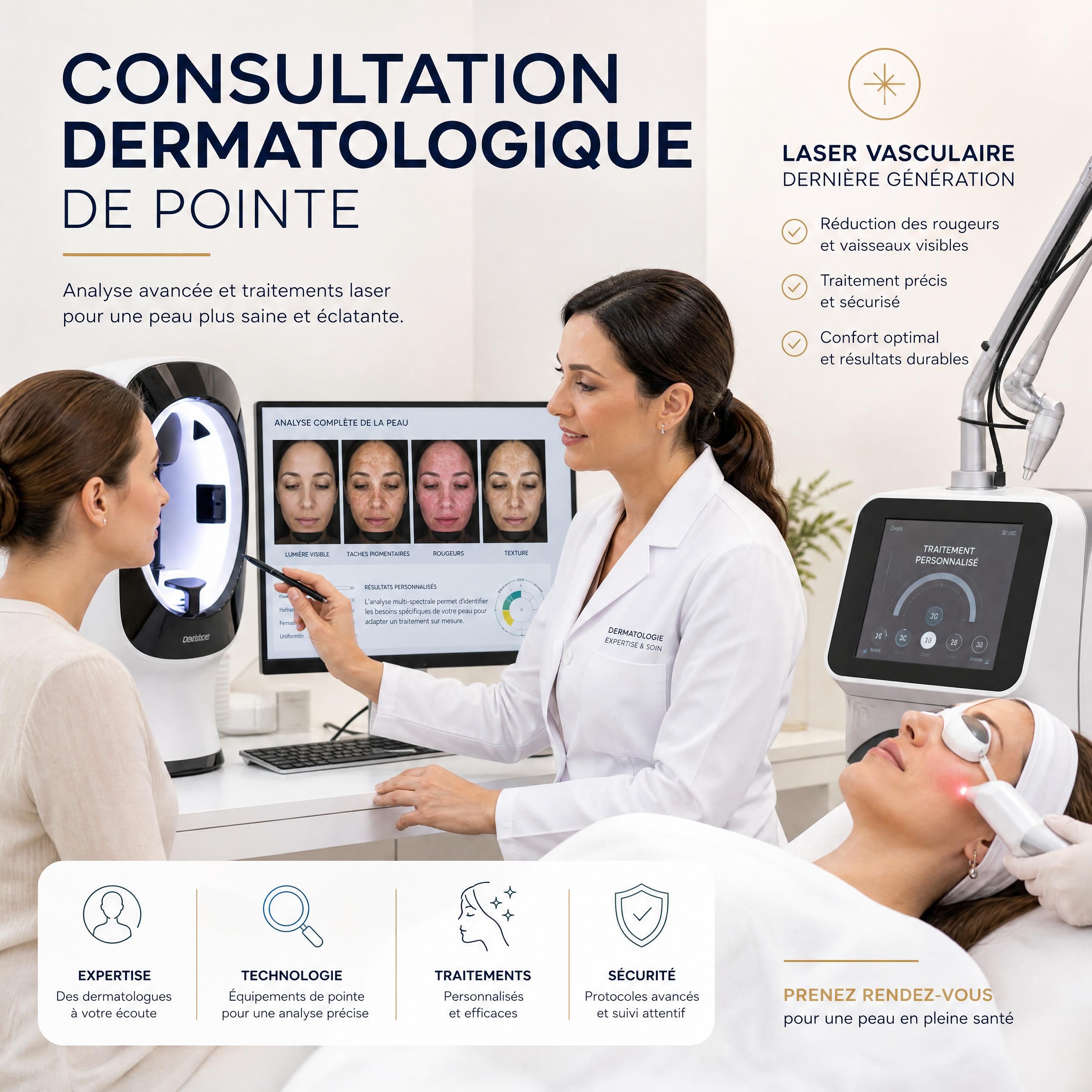 Consultation dermatologique de pointe avec analyseur de peau et laser vasculaire de dernière génération