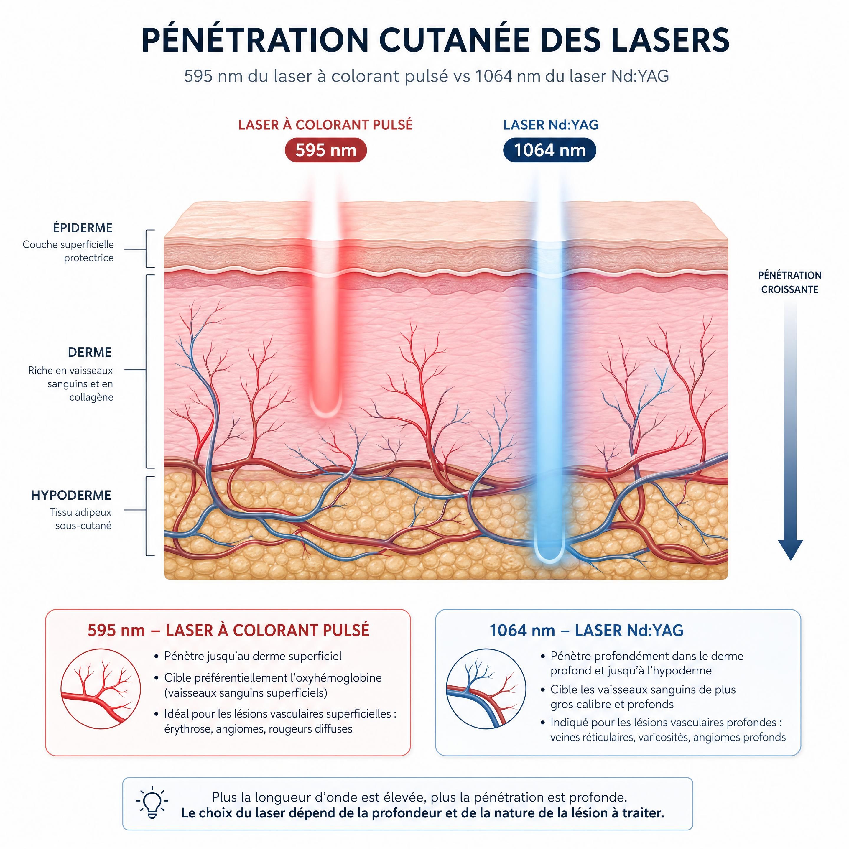 Représentation schématique de la pénétration cutanée des longueurs d'onde 595 nm du laser à colorant pulsé et 1064 nm du laser Nd:YAG dans le derme
