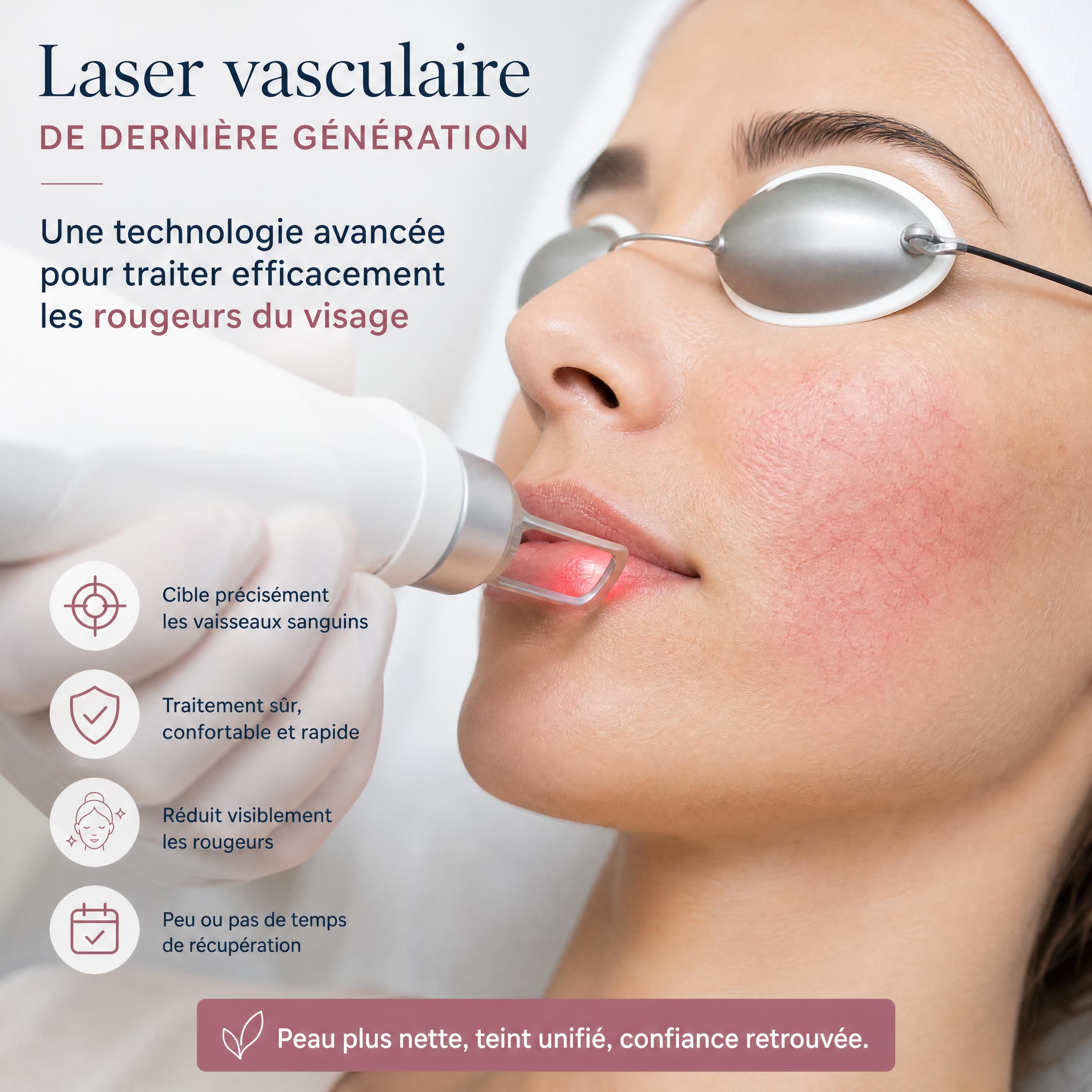 Gros plan sur l'application d'un laser vasculaire de dernière génération sur les rougeurs du visage