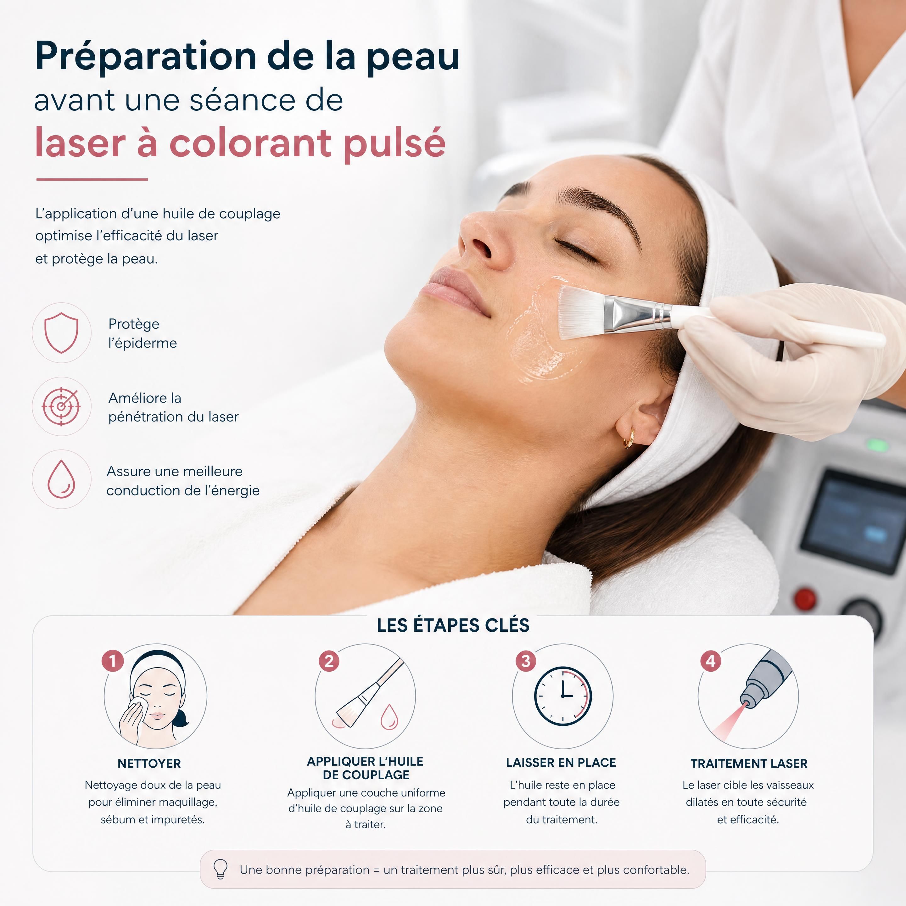 Application d'une huile de couplage et préparation de la peau avant une séance de laser à colorant pulsé