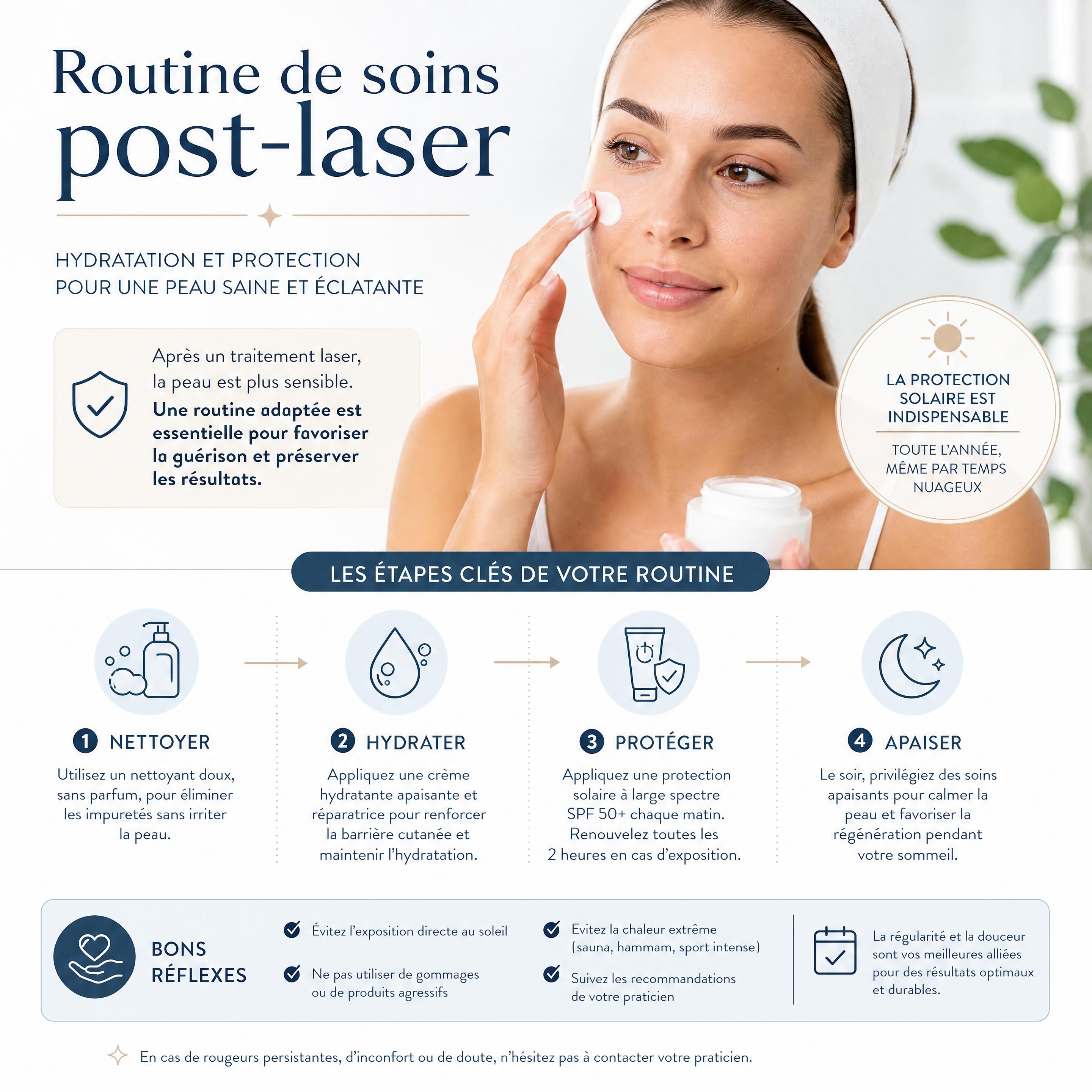 Routine de soins post-laser avec application d'une crème hydratante et d'une protection solaire stricte