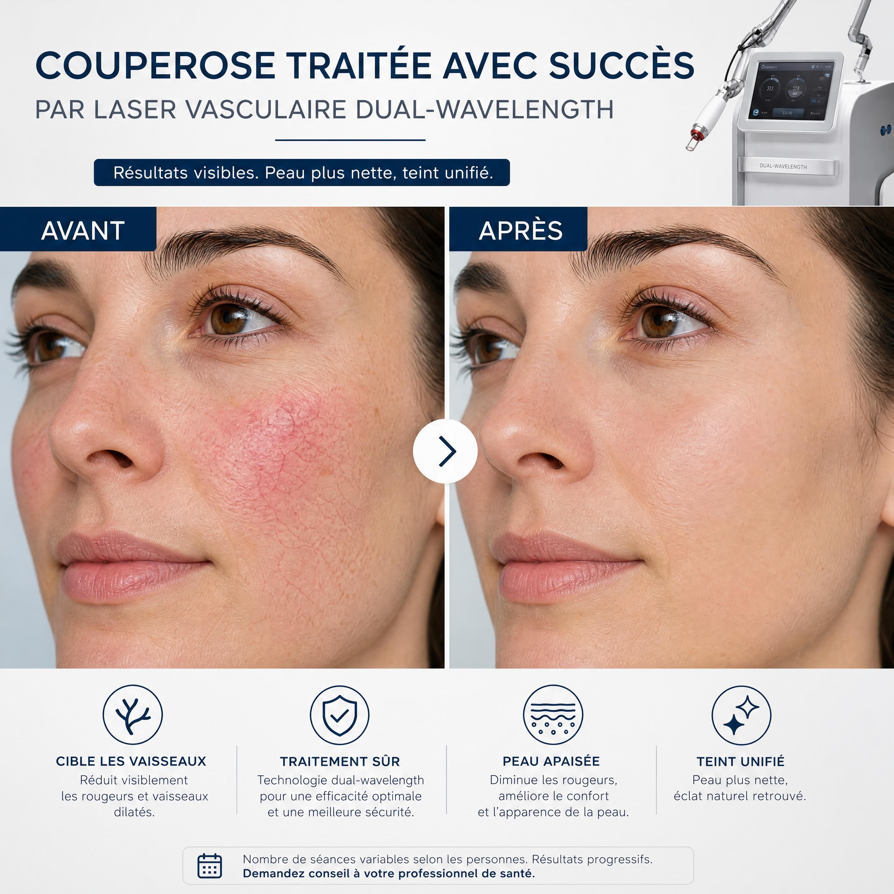 Avant-après d'un traitement réussi de la couperose par laser vasculaire dual-wavelength