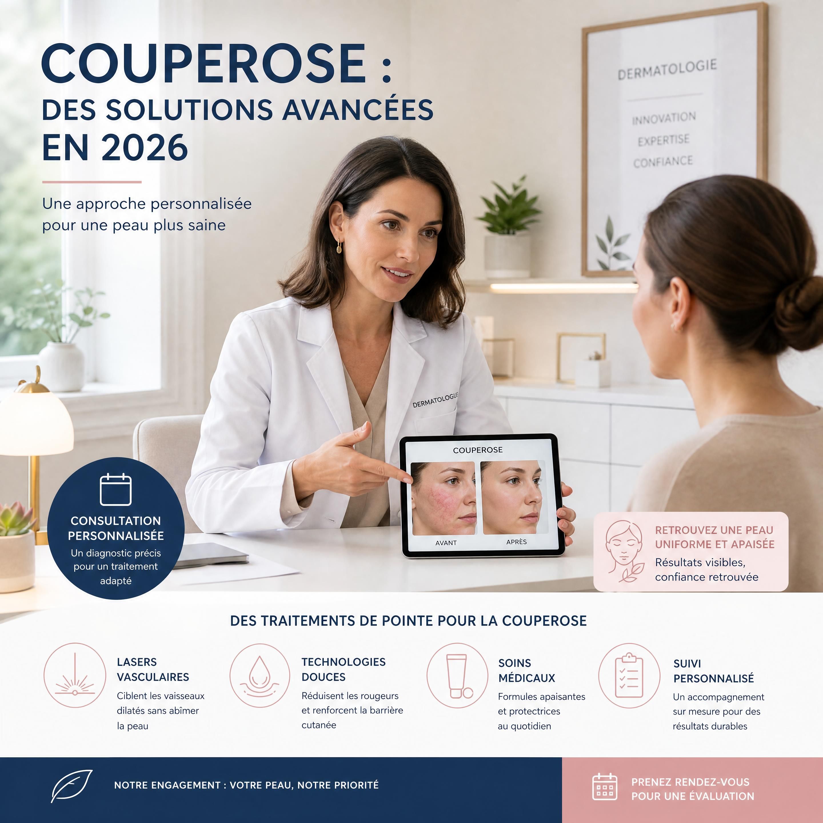 Consultation dermatologique moderne pour le traitement de la couperose en 2026