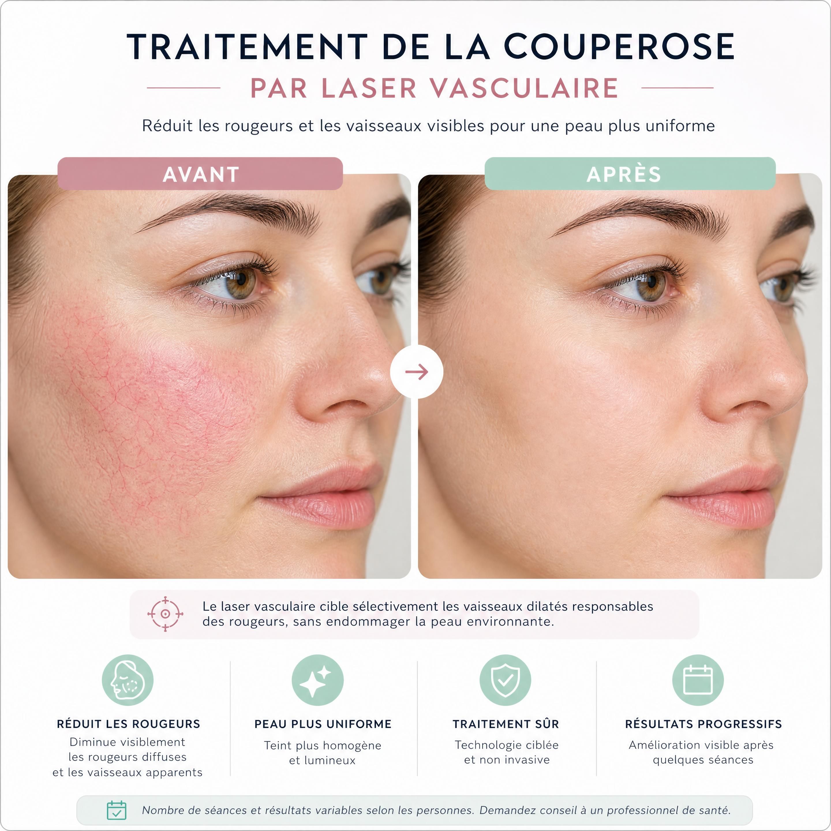 Avant-après d'un traitement de la couperose par laser vasculaire montrant la disparition des vaisseaux visibles sur les joues
