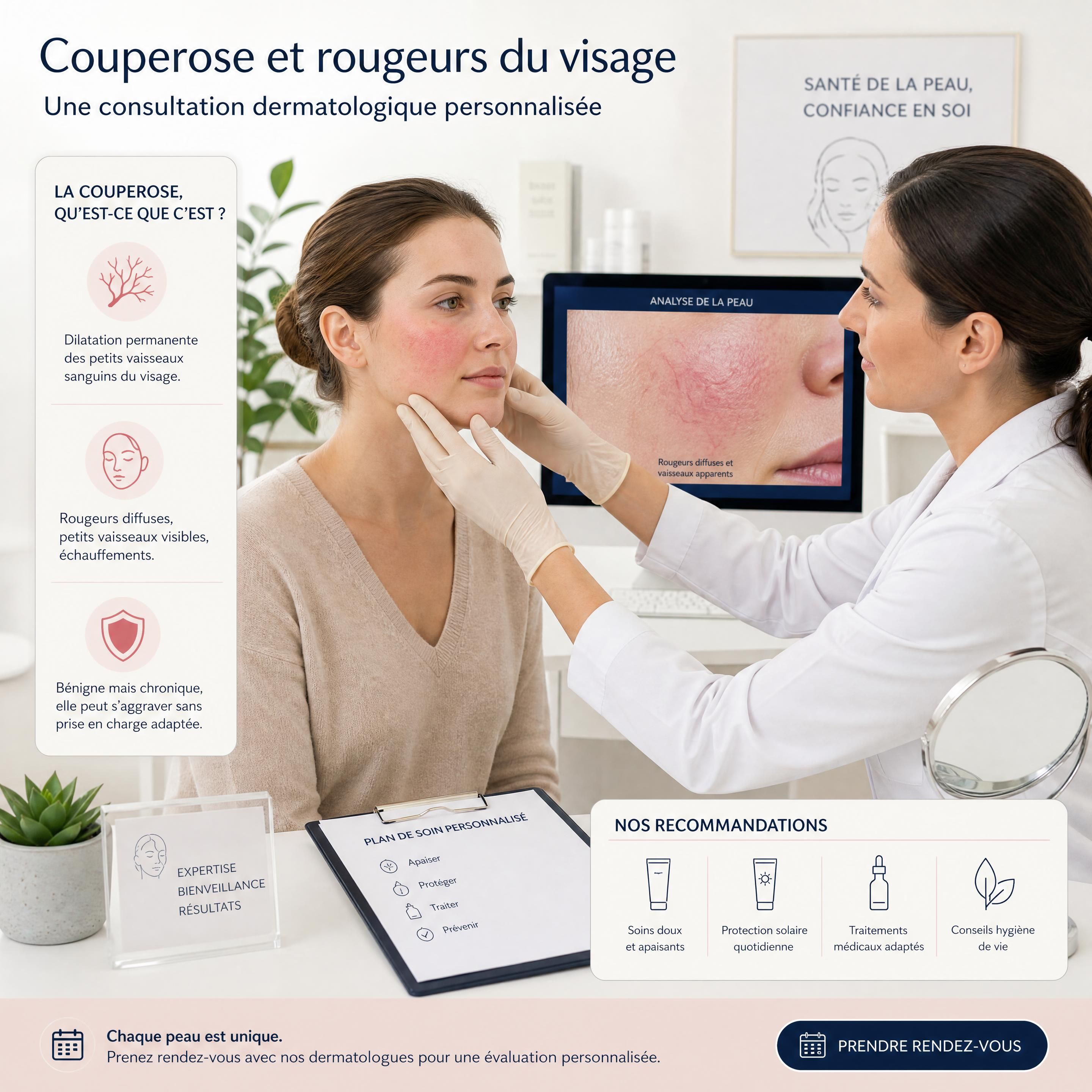 Une consultation en clinique dermatologique pour analyser la couperose et les rougeurs du visage d'une patiente