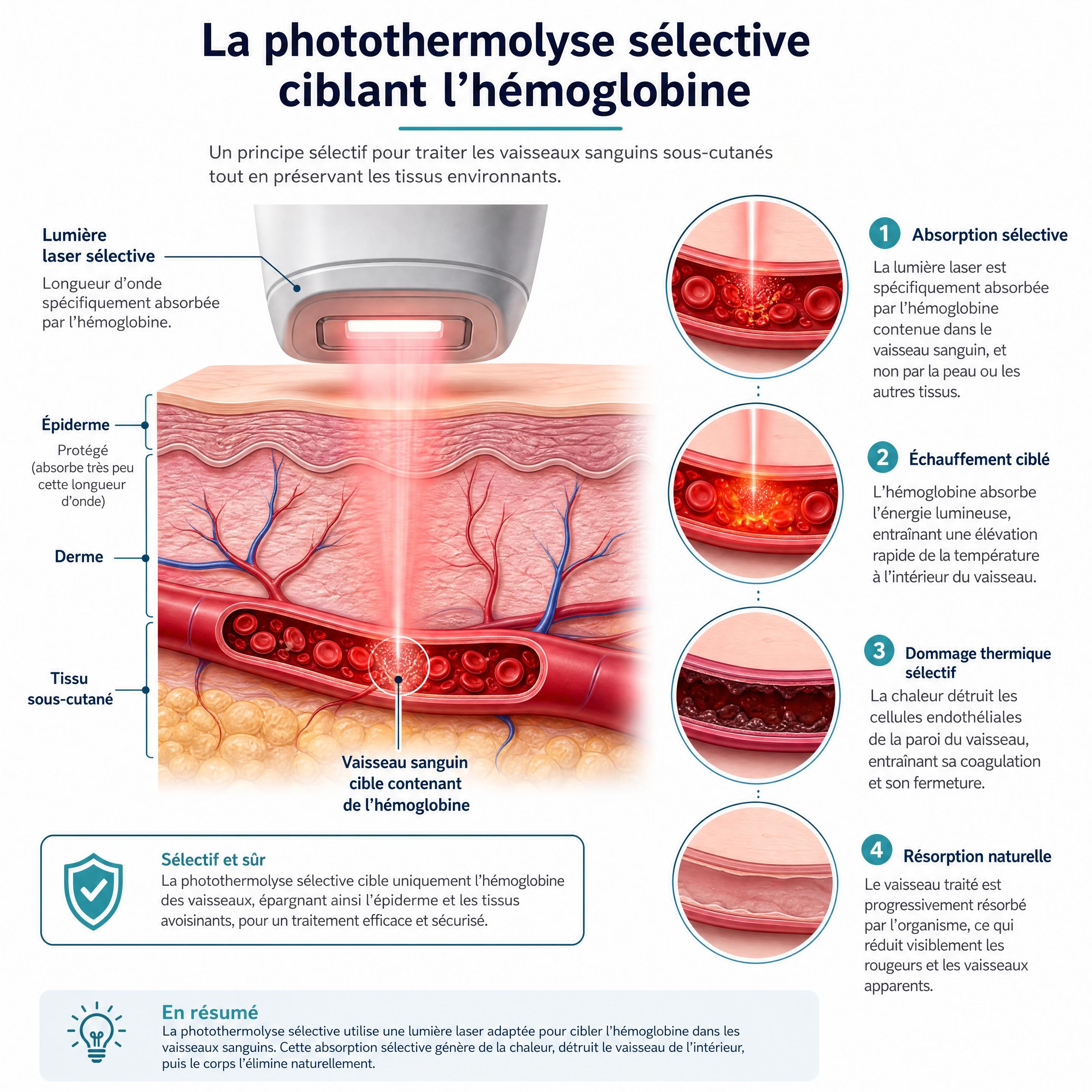 Schéma explicatif de la photothermolyse sélective ciblant l'hémoglobine dans un vaisseau sanguin sous-cutané
