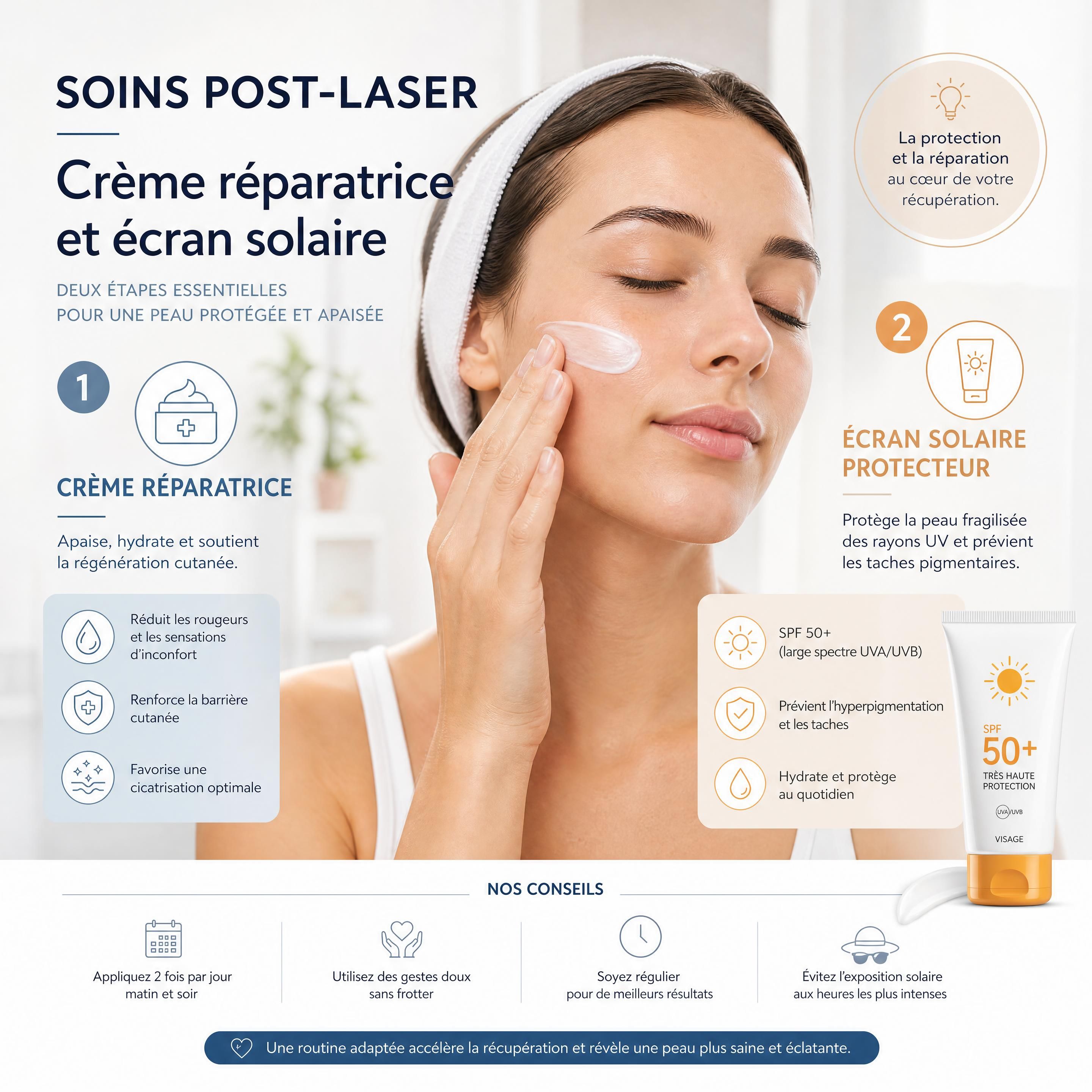 Application délicate d'une crème réparatrice post-laser et d'un écran solaire protecteur sur le visage
