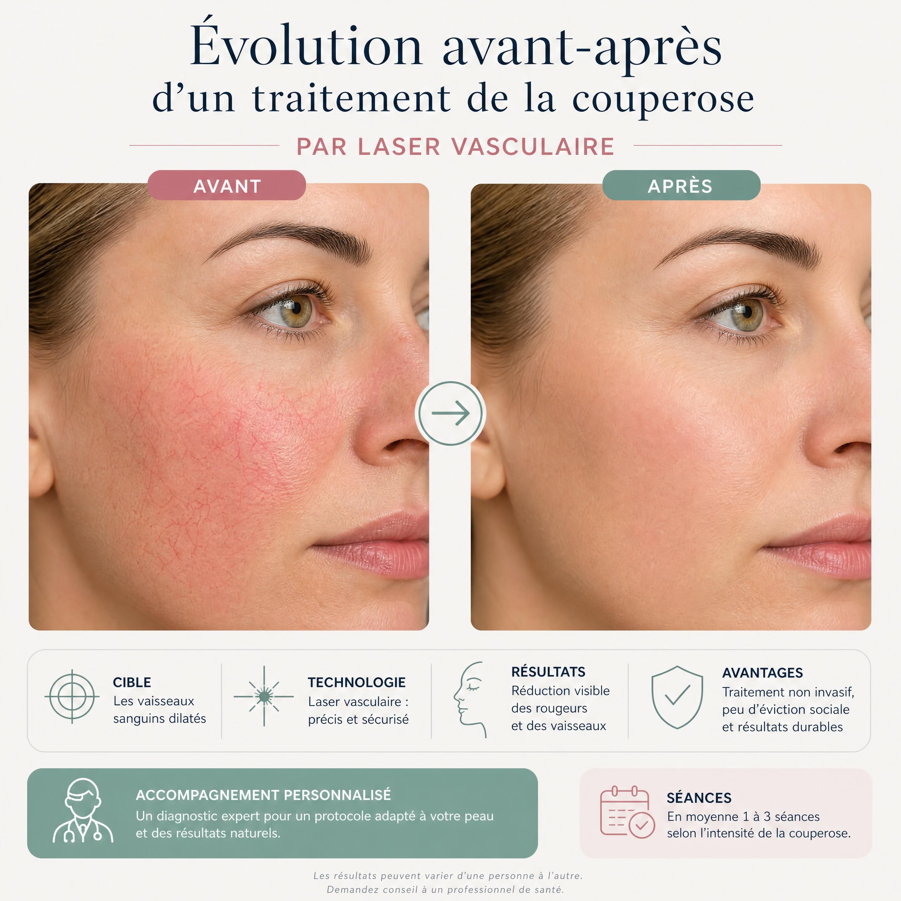 Évolution avant-après d'un traitement de la couperose par laser vasculaire