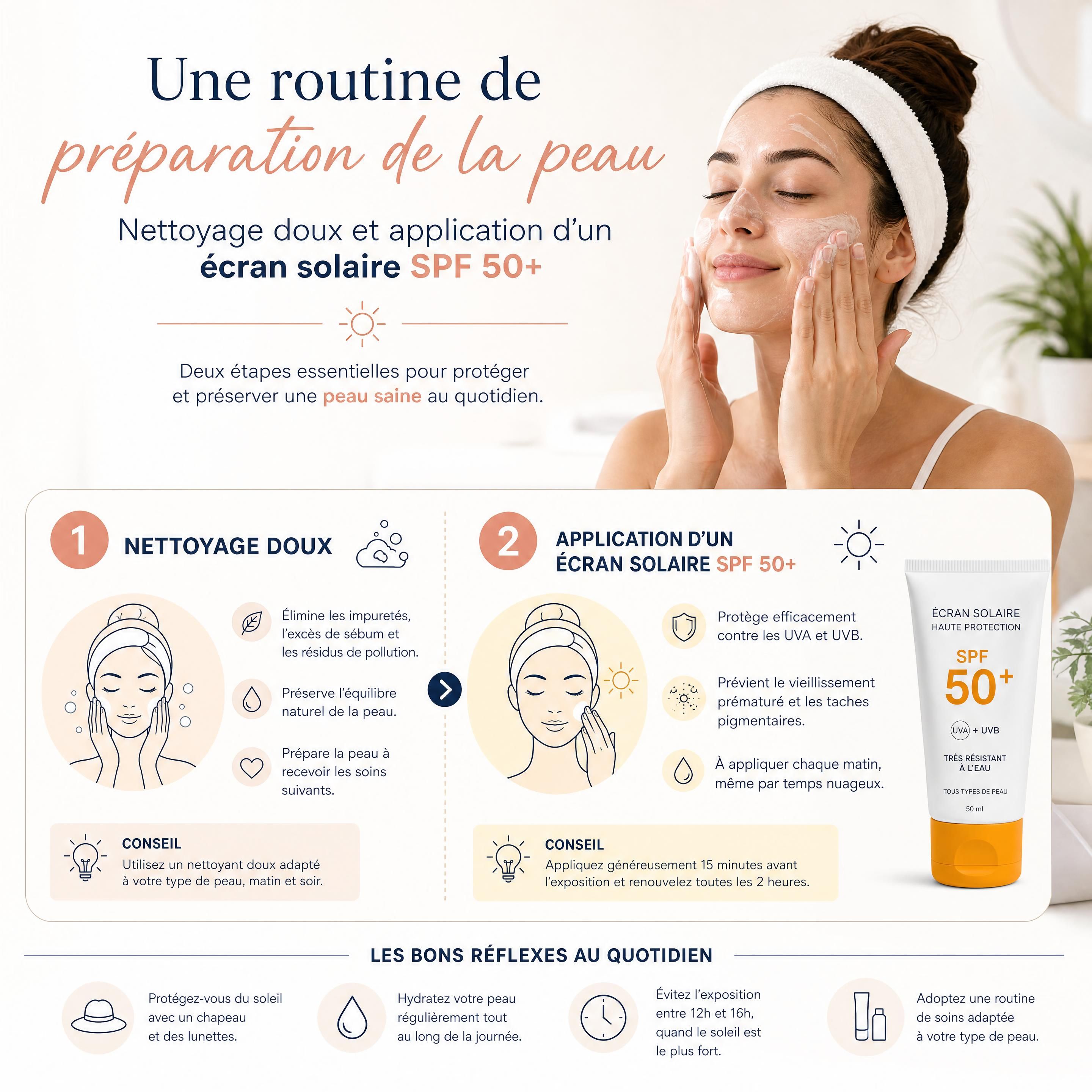 Une routine de préparation de la peau avec nettoyage doux et application d'un écran solaire SPF 50+