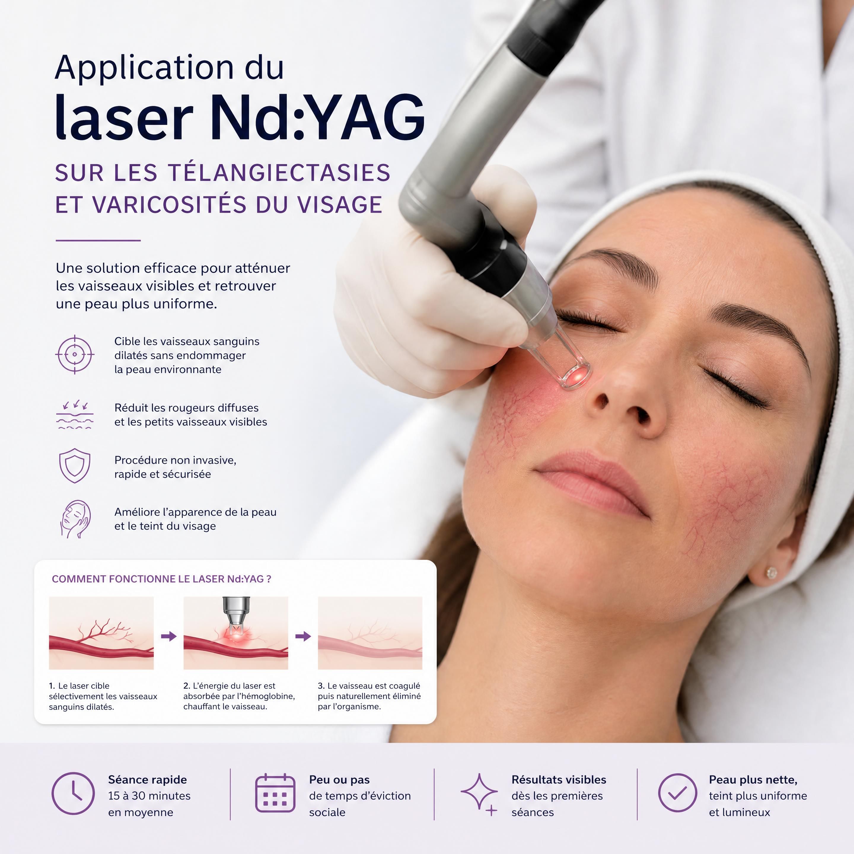 Application du laser Nd:YAG sur des télangiectasies et varicosités du visage