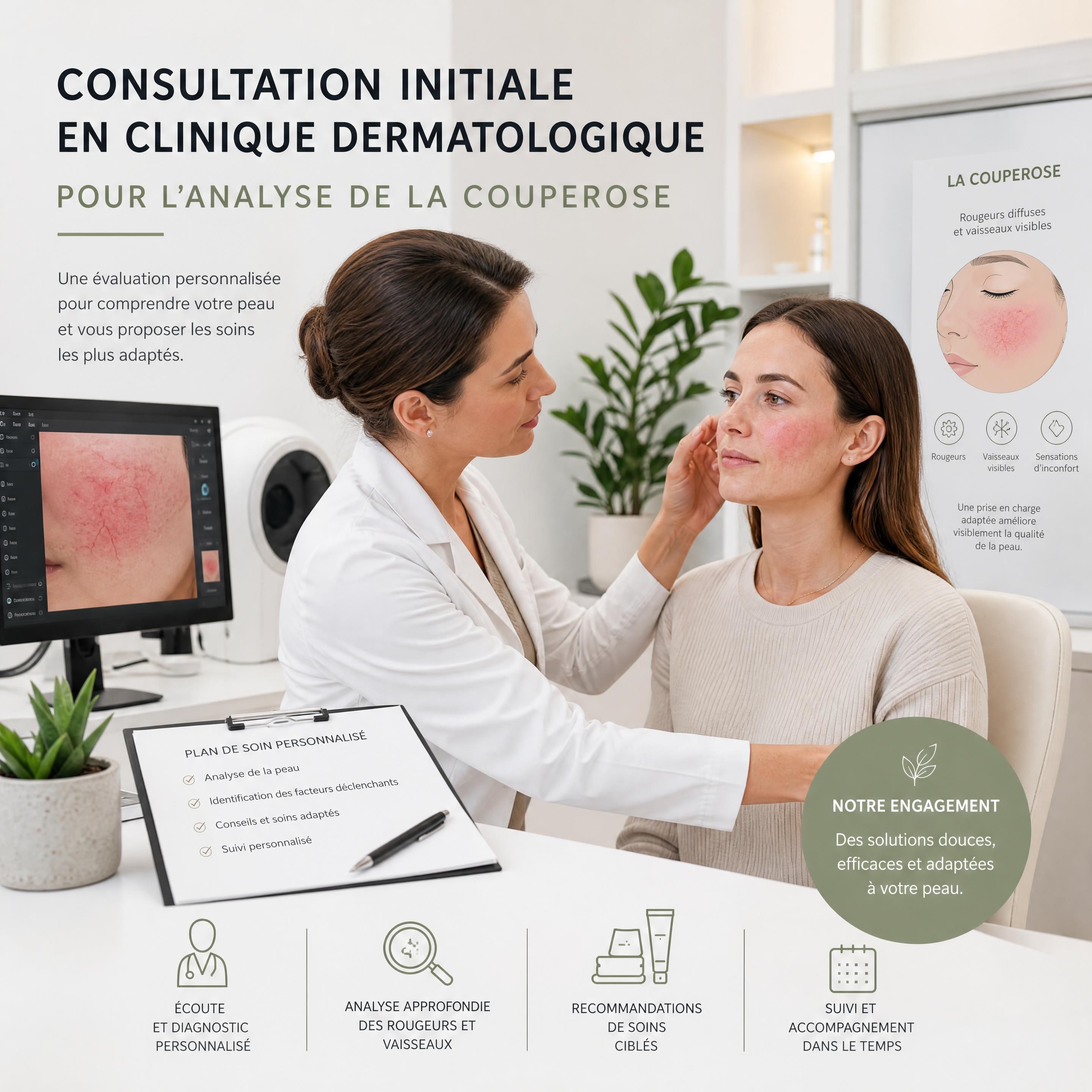 Consultation initiale en clinique dermatologique pour l'analyse de la couperose