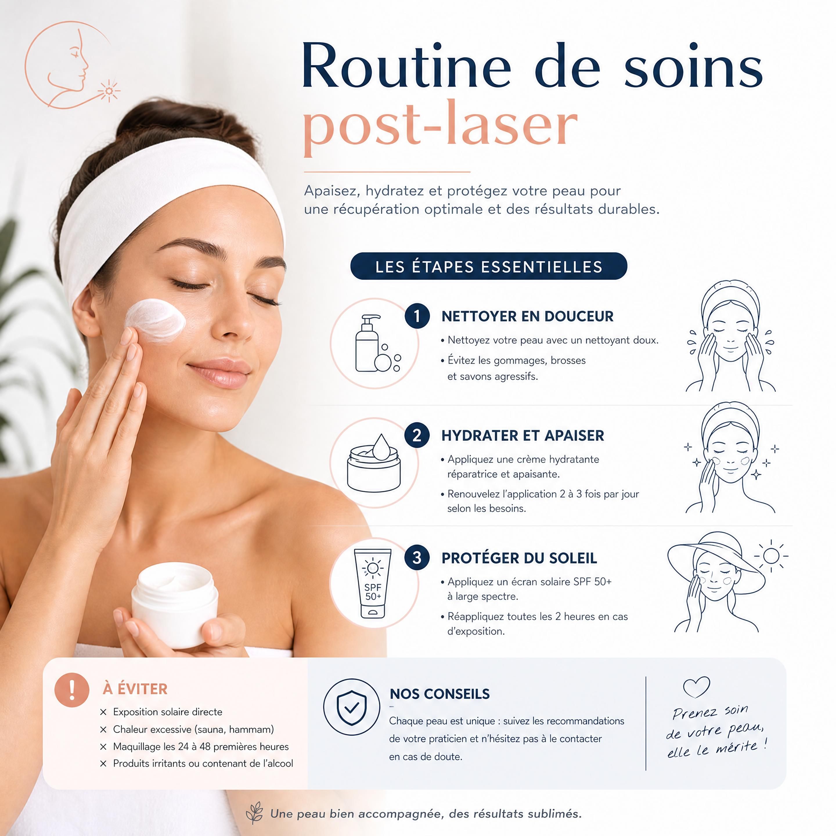 Routine de soins post-laser avec application de crème hydratante et protection solaire