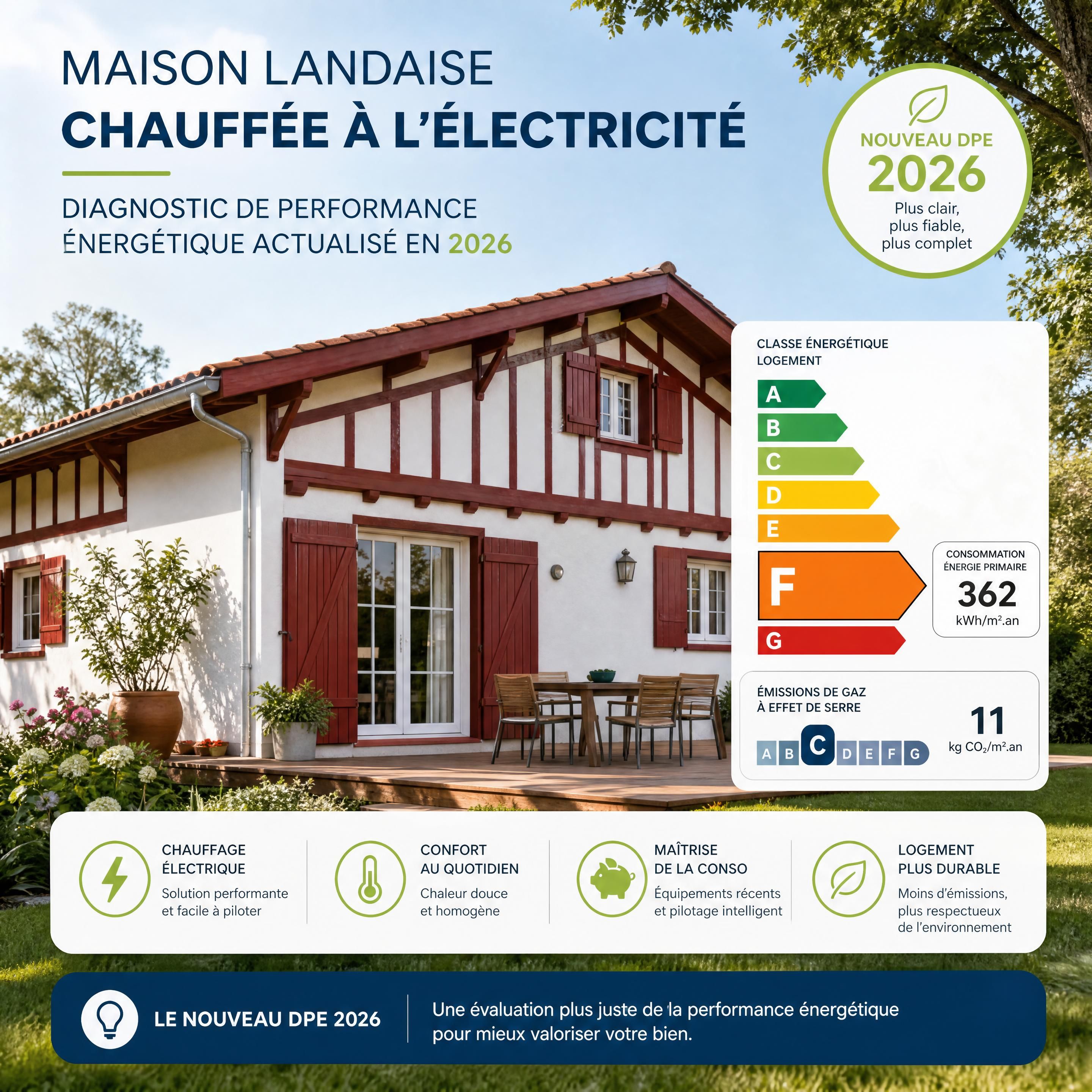 Maison landaise chauffée à l’électricité avec diagnostic de performance énergétique actualisé en 2026 — Olivier Roussel, conseiller immobilier IAD France à Mimizan (Landes, 40)