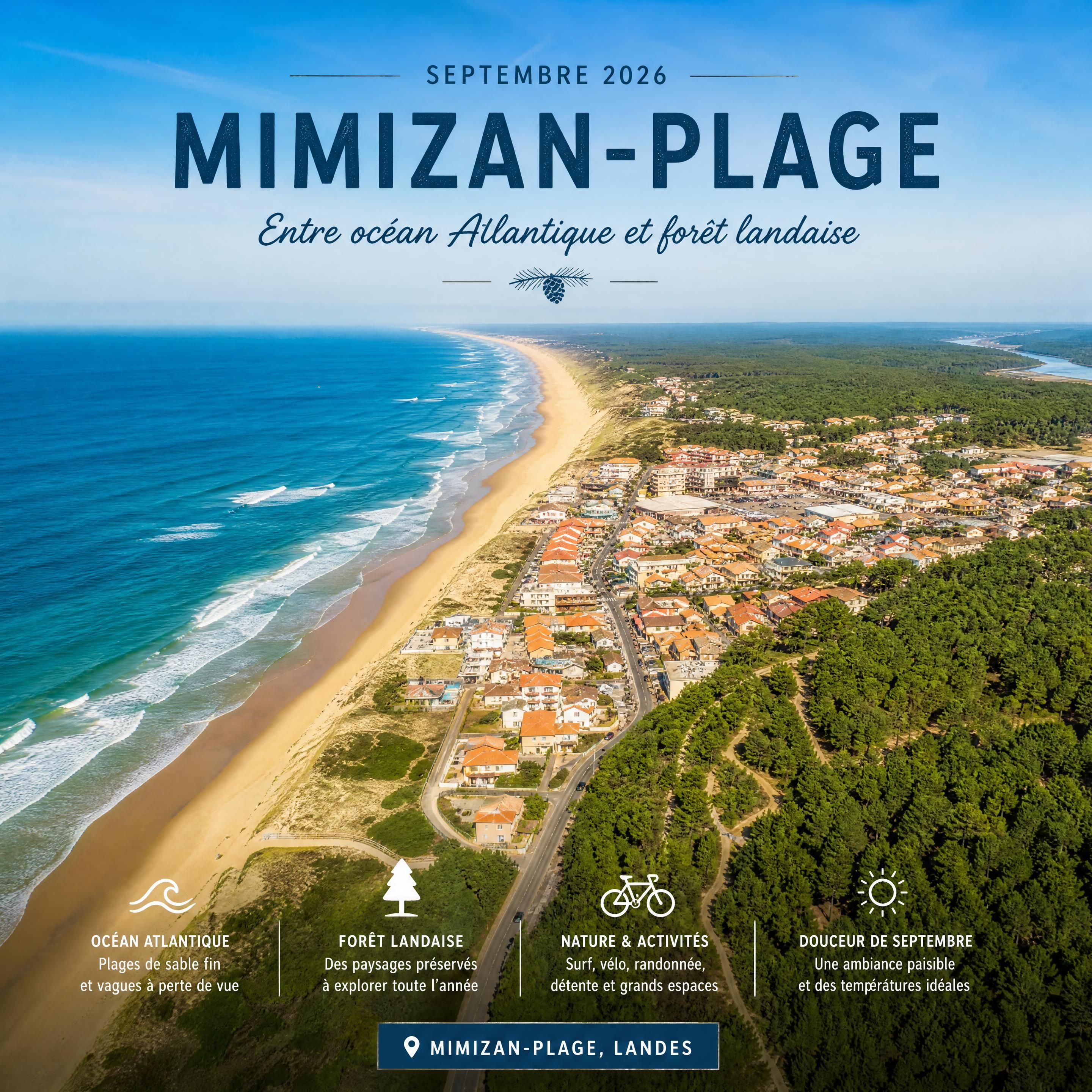 Vue aérienne de Mimizan-Plage, de l’océan Atlantique et de la forêt landaise en septembre 2026 — Olivier Roussel, conseiller immobilier IAD France à Mimizan (Landes, 40)