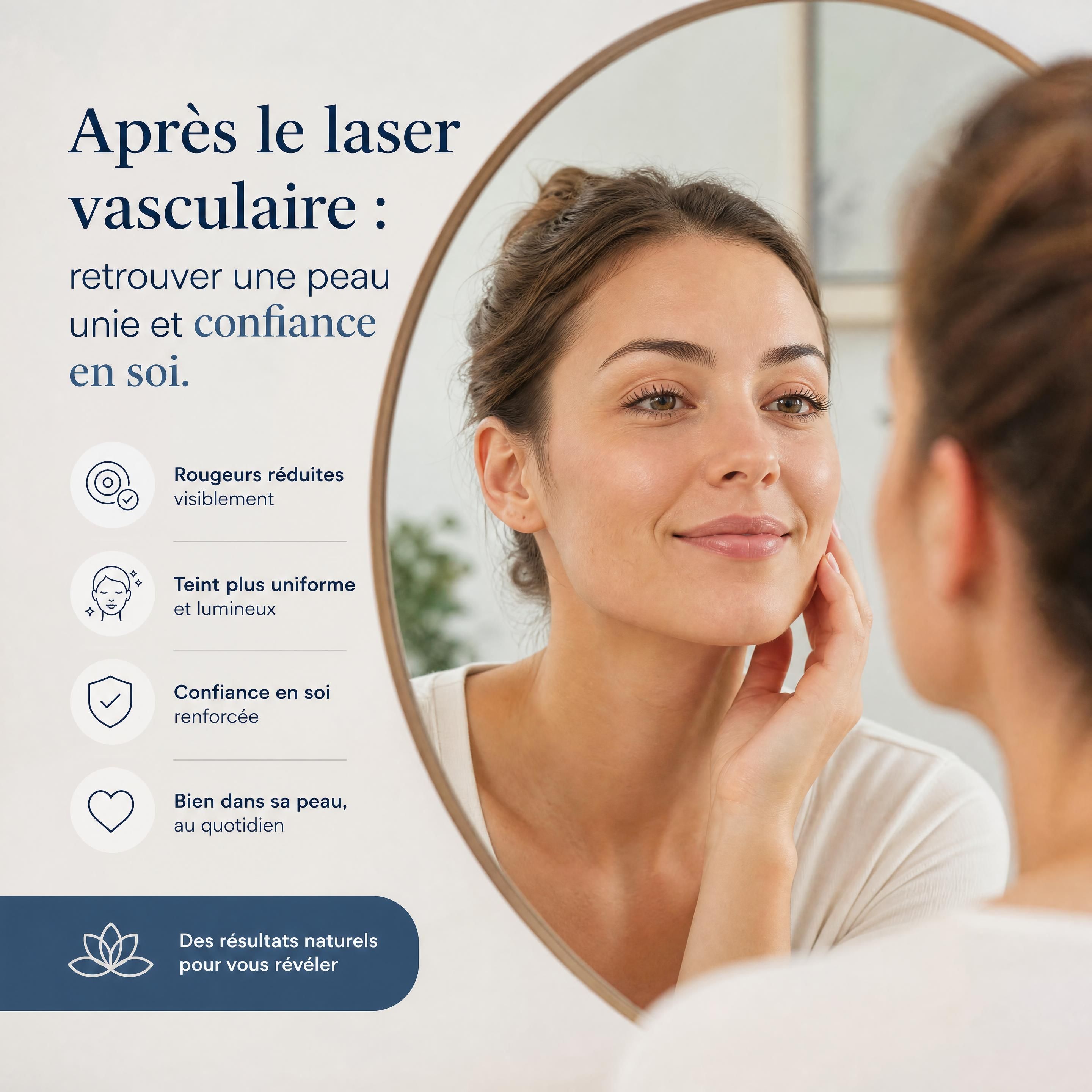 Close-up of a person looking confidently in a mirror, symbolizing the psychological relief and restored self-esteem after a dermatological laser treatment for vascular redness