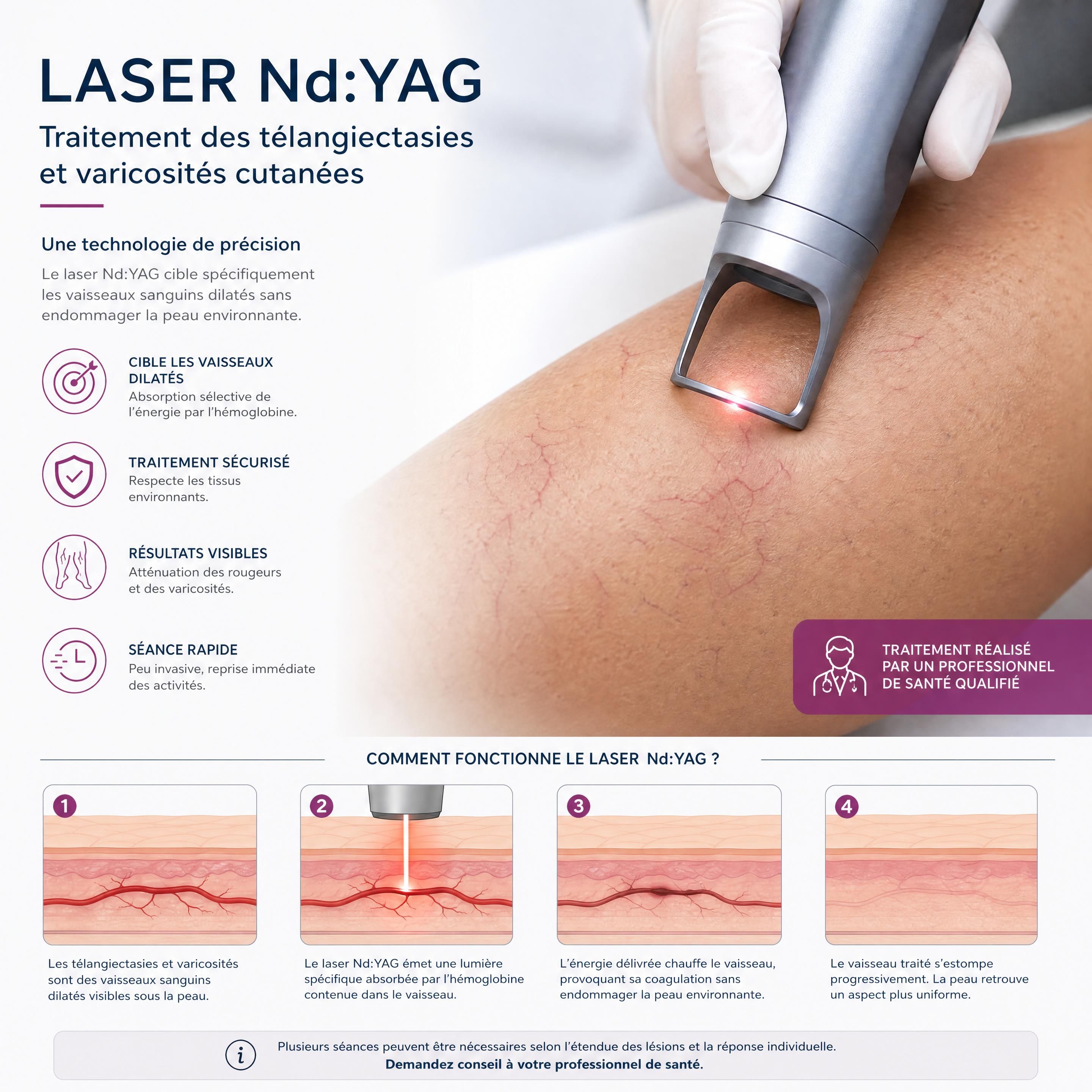 Application précise du laser Nd YAG sur des télangiectasies et varicosités cutanées
