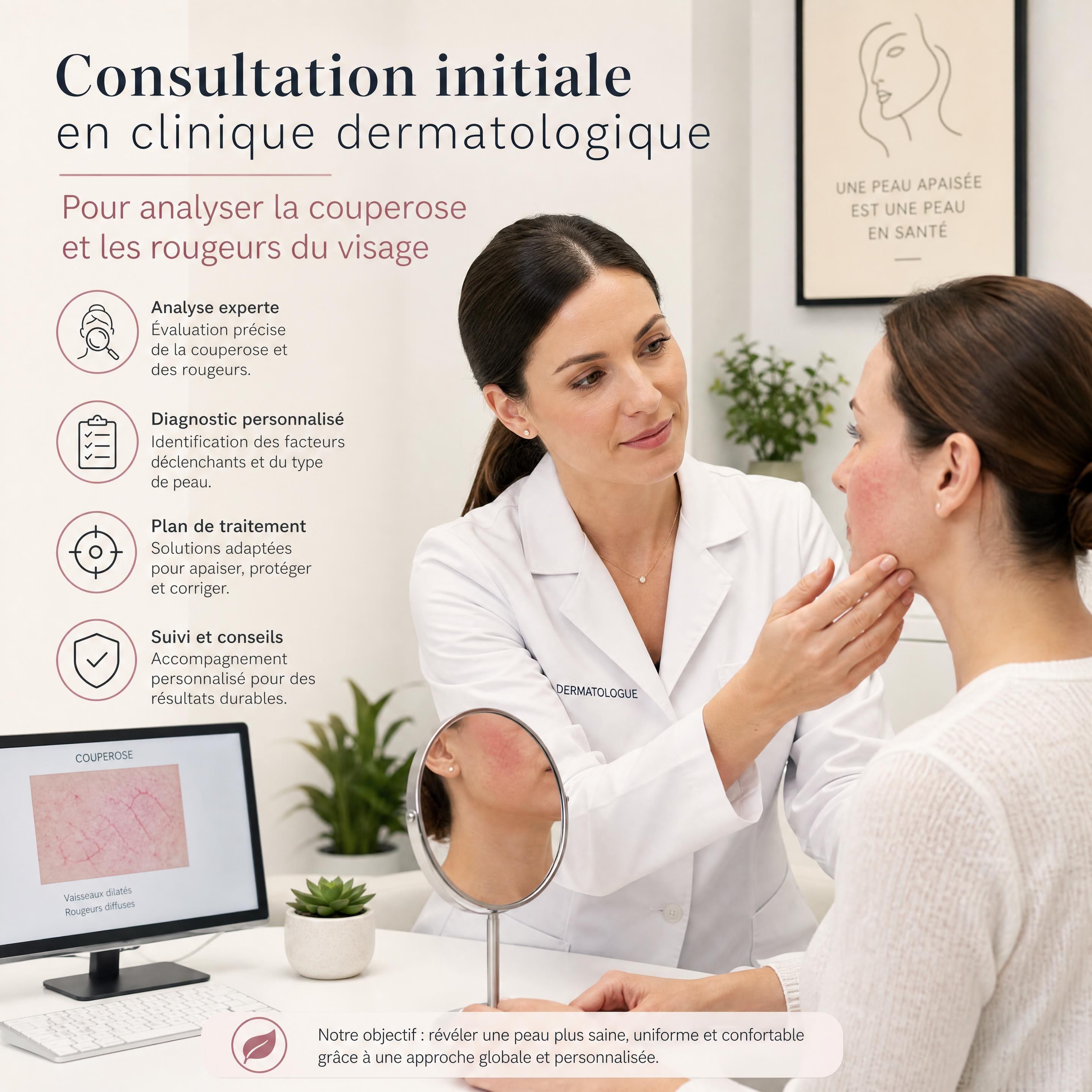Consultation initiale en clinique dermatologique pour analyser la couperose et les rougeurs du visage