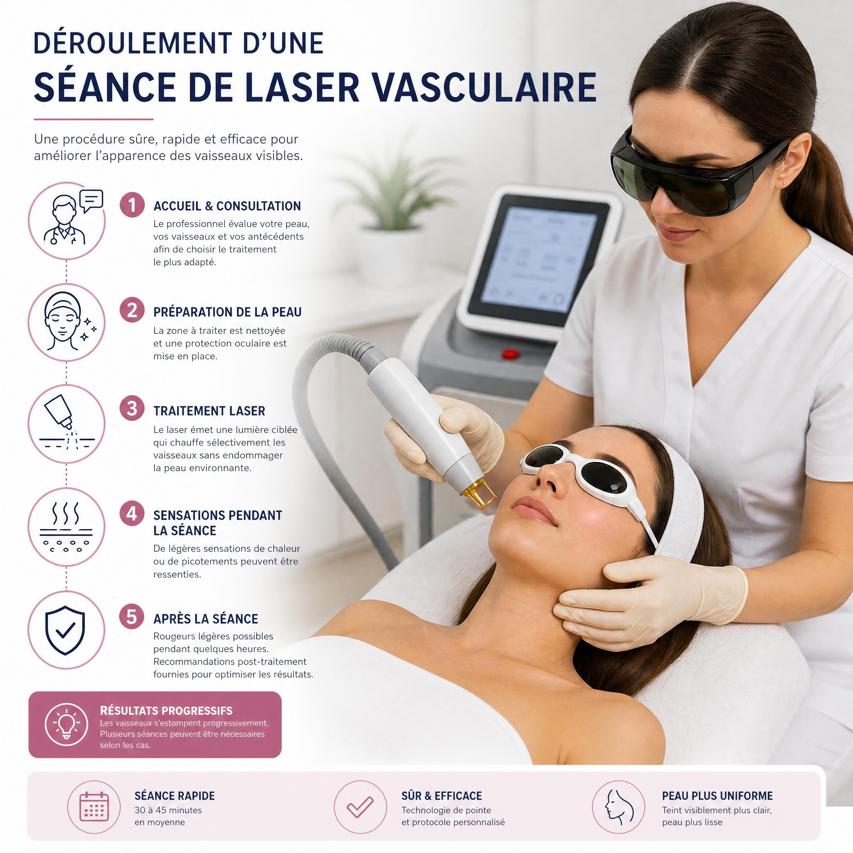 Déroulement d'une séance de laser vasculaire avec lunettes de protection pour le patient