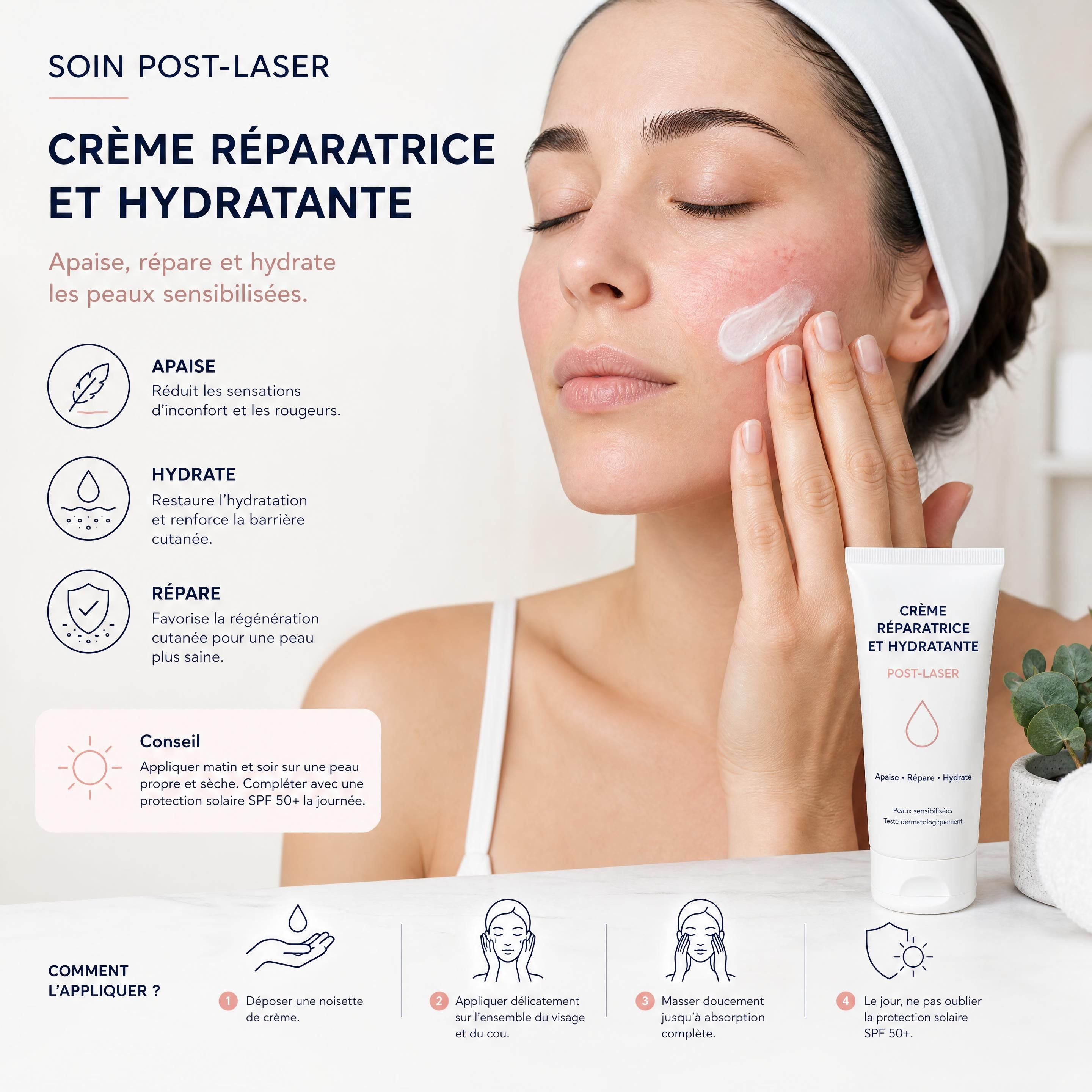 Application d'une crème réparatrice et hydratante post-laser sur une peau présentant de légères rougeurs