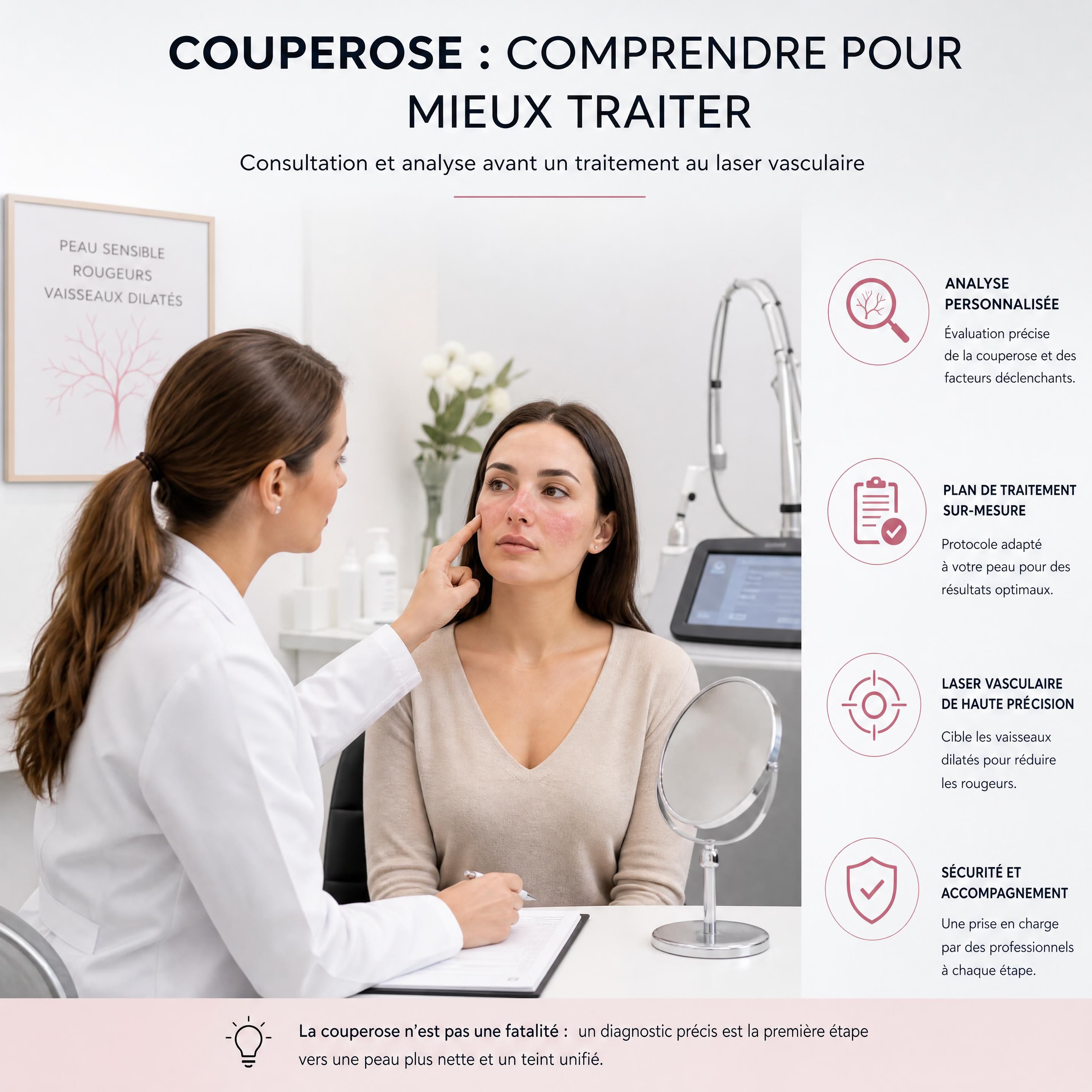 Consultation médicale dans une clinique dermatologique pour analyser la couperose avant un traitement au laser vasculaire