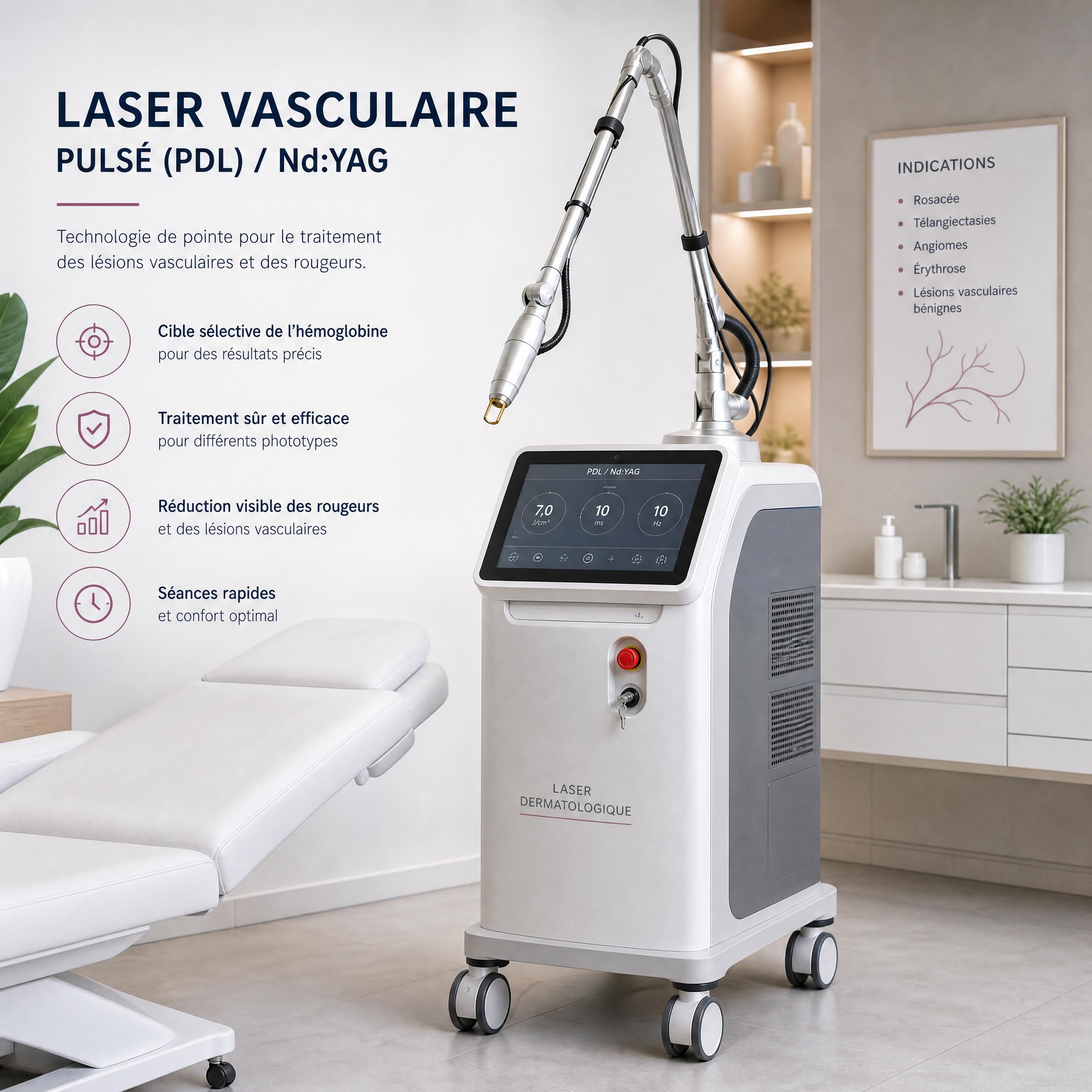 A professional dermatological vascular laser machine, specifically a pulsed dye laser or Nd:YAG, in a modern clean clinic setting