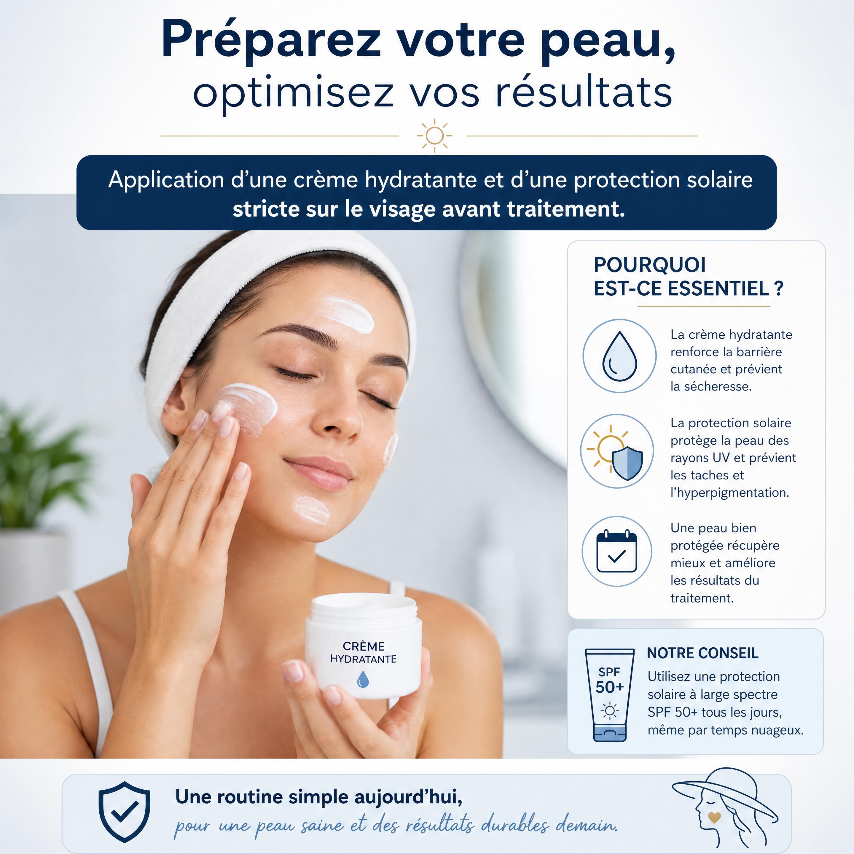 Application d'une crème hydratante et d'une protection solaire stricte sur le visage avant traitement