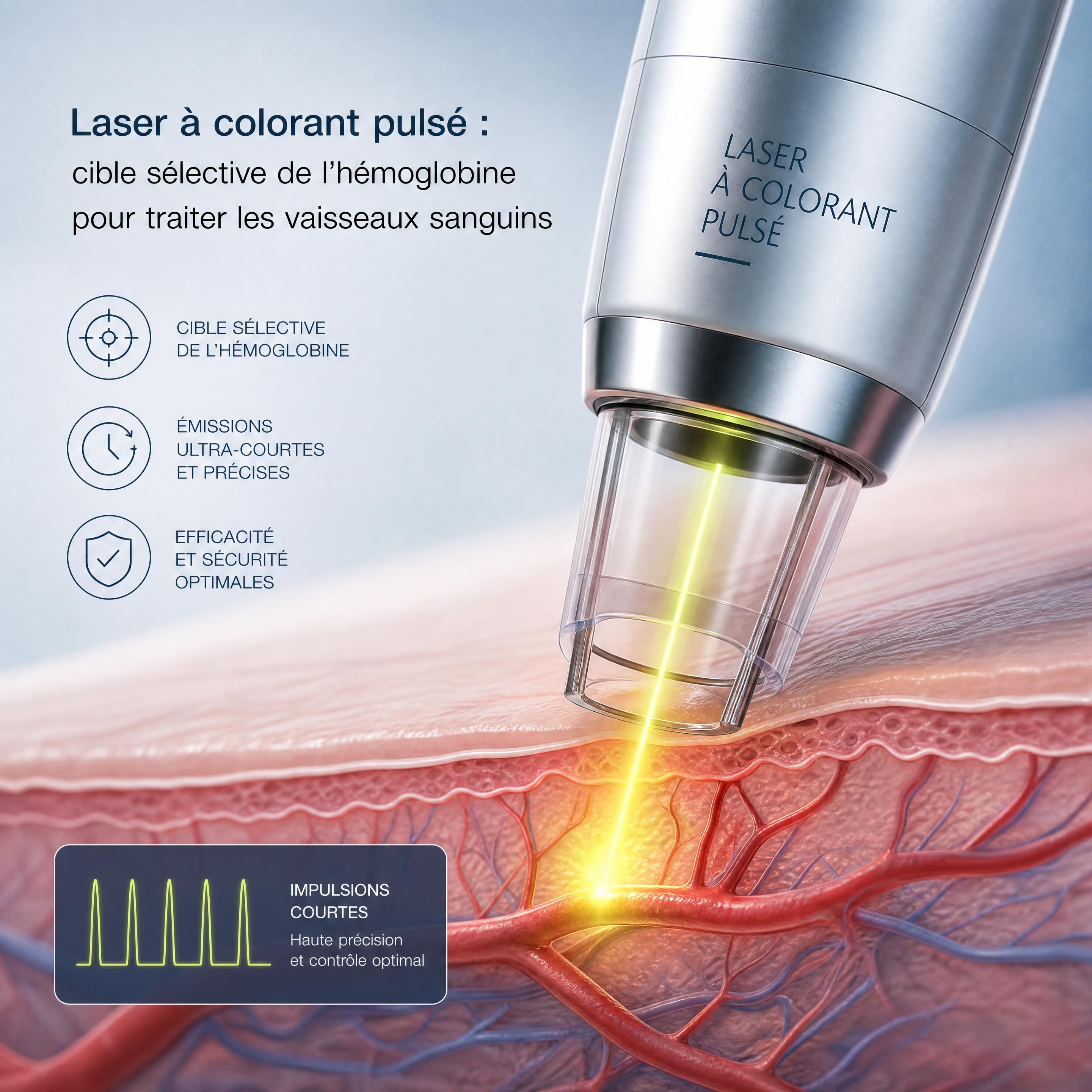 Gros plan technologique sur un laser à colorant pulsé moderne ciblant l'hémoglobine des vaisseaux sanguins